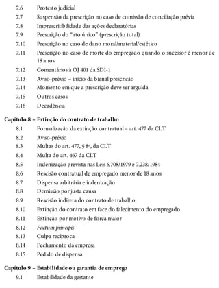7.6
7.7
7.8
7.9
7.10
7.11
7.12
7.13
7.14
7.15
7.16
Capítulo 8 –
8.1
8.2
8.3
8.4
8.5
8.6
8.7
8.8
8.9
8.10
8.11
8.12
8.13
8.14
8.15
Capítulo 9 –
9.1
Protesto judicial
Suspensão da prescrição no caso de comissão de conciliação prévia
Imprescritibilidade das ações declaratórias
Prescrição do “ato único” (prescrição total)
Prescrição no caso de dano moral/material/estético
Prescrição no caso de morte do empregado quando o sucessor é menor de
18 anos
Comentários à OJ 401 da SDI-1
Aviso-prévio – início da bienal prescrição
Momento em que a prescrição deve ser arguida
Outros casos
Decadência
Extinção do contrato de trabalho
Formalização da extinção contratual – art. 477 da CLT
Aviso-prévio
Multas do art. 477, § 8º, da CLT
Multa do art. 467 da CLT
Indenização prevista nas Leis 6.708/1979 e 7.238/1984
Rescisão contratual de empregado menor de 18 anos
Dispensa arbitrária e indenização
Demissão por justa causa
Rescisão indireta do contrato de trabalho
Extinção do contrato em face do falecimento do empregado
Extinção por motivo de força maior
Factum principis
Culpa recíproca
Fechamento da empresa
Pedido de dispensa
Estabilidade ou garantia de emprego
Estabilidade da gestante
 