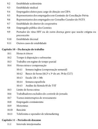 9.2
9.3
9.4
9.5
9.6
9.7
9.8
9.9
9.10
9.11
Capítulo 10 –
10.1
10.2
10.3
10.4
10.4.1
10.4.2
10.4.3
10.4.4
10.4.5
10.5
10.6
10.7
10.8
10.9
10.10
10.11
Capítulo 11 –
11.1
Estabilidade acidentária
Estabilidade sindical
Empregados eleitos para cargo de direção em CIPA
Representantes dos empregados em Comissão de Conciliação Prévia
Representantes dos empregados no Conselho Curador do FGTS
Estabilidade do diretor de cooperativa
Empregado público dos Correios
Portador do vírus HIV ou de outra doença grave que suscite estigma ou
preconceito
Estabilidade decenal
Outros casos de estabilidade
Da duração do trabalho
Horas in itinere
Tempo à disposição e sobreaviso
Trabalho em regime de tempo parcial
Horas extras e compensação
Semana inglesa (compensação semanal)
Banco de horas (§§ 2º e 3º do art. 59 da CLT)
Escala 12h × 36h
Semana espanhola
Análise da Súmula 85 do TST
Limite de horas extras
Trabalhadores excluídos do controle de jornada
Turnos ininterruptos de revezamento
Empregado comissionista
Motoristas
Bancário
Telefonista e operador de telemarketing
Períodos de descanso
Intervalo interjornadas
 