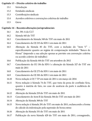 Capítulo 15 –
15.1
15.2
15.3
15.4
15.5
Capítulo 16 –
16.1
16.2
16.3
16.4
16.5
16.6
16.7
16.8
16.9
16.10
16.11
16.12
16.13
16.14
16.15
16.16
16.17
Direito coletivo do trabalho
Introdução
Entidades sindicais
Contribuições sindicais
Acordos coletivos e convenções coletivas de trabalho
Greve
Recentes alterações jurisprudenciais
Art. 391-A da CLT
Súmula 445 do TST
Cancelamento da Súmula 349 do TST em maio de 2011
Cancelamento da OJ 215 da SDI-1 em maio de 2011
Alteração da Súmula 85 do TST, com a inclusão do “item V” –
especificamente quanto ao regime de compensação intitulado “Banco de
Horas” (impondo a sua adoção apenas se previsto em convenção coletiva
ou acordo coletivo de trabalho)
Publicação da Súmula 444 do TST em setembro de 2012
Cancelamento da OJ 156 da SDI-1 e alteração da Súmula 327 do TST em
maio de 2011
Cancelamento da OJ 273 da SDI-1 em maio de 2011
Cancelamento da OJ 301 da SDI-1 em maio de 2011
Nova redação à OJ 7 TP em maio de 2011 e em março de 2016
Nova redação à Súmula 74 do TST, que trata da pena de confissão ficta,
quanto à matéria de fato, no caso de ausência da parte à audiência de
instrução
Alteração da Súmula 219 do TST em maio de 2011
Cancelamento do item II da Súmula 364 do TST em maio de 2011
Alteração da Súmula 369 do TST
Nova redação à Súmula 291 do TST em maio de 2011, esclarecendo a forma
de cálculo da indenização pela supressão de horas extras
Alteração da Súmula 331 do TST em maio de 2011
Publicação da nova Súmula 429 do TST em maio de 2011, consagrando,
 