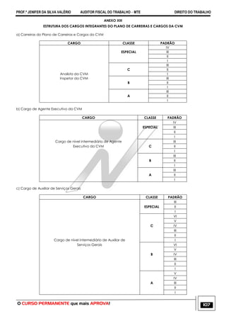 PROF.ª JENIFER DA SILVA VALÉRIO AUDITOR FISCAL DO TRABALHO – MTE DIREITO DO TRABALHO
O CURSO PERMANENTE que mais APROVA! 107
ANEXO XIII
ESTRUTURA DOS CARGOS INTEGRANTES DO PLANO DE CARREIRAS E CARGOS DA CVM
a) Carreiras do Plano de Carreiras e Cargos da CVM
CARGO CLASSE PADRÃO
IV
ESPECIAL III
II
I
III
C II
Analista da CVM I
Inspetor da CVM III
B II
I
III
A II
I
b) Cargo de Agente Executivo da CVM
CARGO CLASSE PADRÃO
IV
ESPECIAL III
II
I
Cargo de nível intermediário de Agente III
Executivo da CVM C II
I
III
B II
I
III
A II
I
c) Cargo de Auxiliar de Serviços Gerais
CARGO CLASSE PADRÃO
III
ESPECIAL II
I
VI
V
C IV
III
II
Cargo de nível intermediário de Auxiliar de I
Serviços Gerais VI
V
B IV
III
II
I
V
IV
A III
II
I
 