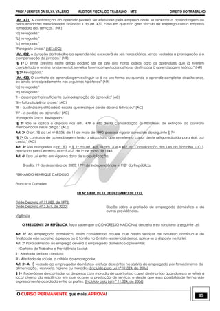 PROF.ª JENIFER DA SILVA VALÉRIO AUDITOR FISCAL DO TRABALHO – MTE DIREITO DO TRABALHO
O CURSO PERMANENTE que mais APROVA! 119
"Art. 431. A contratação do aprendiz poderá ser efetivada pela empresa onde se realizará a aprendizagem ou
pelas entidades mencionadas no inciso II do art. 430, caso em que não gera vínculo de emprego com a empresa
tomadora dos serviços." (NR)
"a) revogada;"
"b) revogada;"
"c) revogada."
"Parágrafo único." (VETADO)
"Art. 432. A duração do trabalho do aprendiz não excederá de seis horas diárias, sendo vedadas a prorrogação e a
compensação de jornada." (NR)
"§ 1o O limite previsto neste artigo poderá ser de até oito horas diárias para os aprendizes que já tiverem
completado o ensino fundamental, se nelas forem computadas as horas destinadas à aprendizagem teórica." (NR)
"§ 2o Revogado."
"Art. 433. O contrato de aprendizagem extinguir-se-á no seu termo ou quando o aprendiz completar dezoito anos,
ou ainda antecipadamente nas seguintes hipóteses:" (NR)
"a) revogada;"
"b) revogada."
"I – desempenho insuficiente ou inadaptação do aprendiz;" (AC)
"II – falta disciplinar grave;" (AC)
"III – ausência injustificada à escola que implique perda do ano letivo; ou" (AC)
"IV – a pedido do aprendiz." (AC)
"Parágrafo único. Revogado."
"§ 2o Não se aplica o disposto nos arts. 479 e 480 desta Consolidação às hipóteses de extinção do contrato
mencionadas neste artigo." (AC)
Art. 2o O art. 15 da Lei no 8.036, de 11 de maio de 1990, passa a vigorar acrescido do seguinte § 7o:
"§ 7o Os contratos de aprendizagem terão a alíquota a que se refere o caput deste artigo reduzida para dois por
cento." (AC)
Art. 3o São revogados o art. 80, o § 1o do art. 405, os arts. 436 e 437 da Consolidação das Leis do Trabalho – CLT,
aprovada pelo Decreto-Lei no 5.452, de 1o de maio de 1943.
Art. 4o Esta Lei entra em vigor na data de sua publicação.
Brasília, 19 de dezembro de 2000; 179o da Independência e 112o da República.
FERNANDO HENRIQUE CARDOSO
Francisco Dornelles
LEI Nº 5.859, DE 11 DE DEZEMBRO DE 1972.
(Vide Decreto nº 71.885, de 1973)
(Vide Decreto nº 3.361, de 2000)
Vigência
Dispõe sobre a profissão de empregado doméstico e dá
outras providências.
O PRESIDENTE DA REPÚBLICA, faço saber que o CONGRESSO NACIONAL decreta e eu sanciono a seguinte Lei:
Art. 1º Ao empregado doméstico, assim considerado aquele que presta serviços de natureza contínua e de
finalidade não lucrativa à pessoa ou à família no âmbito residencial destas, aplica-se o disposto nesta lei.
Art. 2º Para admissão ao emprego deverá o empregado doméstico apresentar:
I - Carteira de Trabalho e Previdência Social;
II - Atestado de boa conduta;
III - Atestado de saúde, a critério do empregador.
Art. 2o-A. É vedado ao empregador doméstico efetuar descontos no salário do empregado por fornecimento de
alimentação, vestuário, higiene ou moradia. (Incluído pela Lei nº 11.324, de 2006)
§ 1o Poderão ser descontadas as despesas com moradia de que trata o caput deste artigo quando essa se referir a
local diverso da residência em que ocorrer a prestação de serviço, e desde que essa possibilidade tenha sido
expressamente acordada entre as partes. (Incluído pela Lei nº 11.324, de 2006)
 