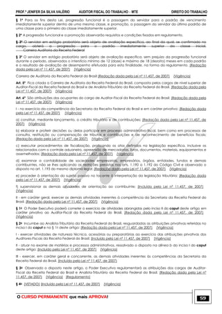 PROF.ª JENIFER DA SILVA VALÉRIO AUDITOR FISCAL DO TRABALHO – MTE DIREITO DO TRABALHO
O CURSO PERMANENTE que mais APROVA! 59
§ 1º Para os fins desta Lei, progressão funcional é a passagem do servidor para o padrão de vencimento
imediatamente superior dentro de uma mesma classe, e promoção, a passagem do servidor do último padrão de
uma classe para o primeiro da classe imediatamente superior.
§ 2º A progressão funcional e a promoção observarão requisitos e condições fixados em regulamento.
§ 3º O servidor em estágio probatório será objeto de avaliação específica, ao final da qual, se confirmado no
cargo, obterá a progressão para o padrão imediatamente superior da classe inicial.
Carreira Auditoria da Receita Federal
§ 3º O servidor em estágio probatório será objeto de avaliação específica, sem prejuízo da progressão funcional
durante o período, observados o interstício mínimo de 12 (doze) e máximo de 18 (dezoito) meses em cada padrão
e o resultado de avaliação de desempenho efetuada para esta finalidade, na forma do regulamento. (Redação
dada pela Lei nº 11.457, de 2007) (Vigência)
Carreira de Auditoria da Receita Federal do Brasil (Redação dada pela Lei nº 11.457, de 2007) (Vigência)
Art. 5º Fica criada a Carreira de Auditoria da Receita Federal do Brasil, composta pelos cargos de nível superior de
Auditor-Fiscal da Receita Federal do Brasil e de Analista-Tributário da Receita Federal do Brasil. (Redação dada pela
Lei nº 11.457, de 2007) (Vigência)
Art. 6º São atribuições dos ocupantes do cargo de Auditor-Fiscal da Receita Federal do Brasil: (Redação dada pela
Lei nº 11.457, de 2007) (Vigência)
I - no exercício da competência da Secretaria da Receita Federal do Brasil e em caráter privativo: (Redação dada
pela Lei nº 11.457, de 2007) (Vigência)
a) constituir, mediante lançamento, o crédito tributário e de contribuições; (Redação dada pela Lei nº 11.457, de
2007) (Vigência)
b) elaborar e proferir decisões ou delas participar em processo administrativo-fiscal, bem como em processos de
consulta, restituição ou compensação de tributos e contribuições e de reconhecimento de benefícios fiscais;
(Redação dada pela Lei nº 11.457, de 2007) (Vigência)
c) executar procedimentos de fiscalização, praticando os atos definidos na legislação específica, inclusive os
relacionados com o controle aduaneiro, apreensão de mercadorias, livros, documentos, materiais, equipamentos e
assemelhados; (Redação dada pela Lei nº 11.457, de 2007) (Vigência)
d) examinar a contabilidade de sociedades empresariais, empresários, órgãos, entidades, fundos e demais
contribuintes, não se lhes aplicando as restrições previstas nos arts. 1.190 a 1.192 do Código Civil e observado o
disposto no art. 1.193 do mesmo diploma legal; (Redação dada pela Lei nº 11.457, de 2007) (Vigência)
e) proceder à orientação do sujeito passivo no tocante à interpretação da legislação tributária; (Redação dada
pela Lei nº 11.457, de 2007) (Vigência)
f) supervisionar as demais atividades de orientação ao contribuinte; (Incluída pela Lei nº 11.457, de 2007)
(Vigência)
II - em caráter geral, exercer as demais atividades inerentes à competência da Secretaria da Receita Federal do
Brasil. (Redação dada pela Lei nº 11.457, de 2007) (Vigência)
§ 1o O Poder Executivo poderá cometer o exercício de atividades abrangidas pelo inciso II do caput deste artigo em
caráter privativo ao Auditor-Fiscal da Receita Federal do Brasil. (Redação dada pela Lei nº 11.457, de 2007)
(Vigência)
§ 2o Incumbe ao Analista-Tributário da Receita Federal do Brasil, resguardadas as atribuições privativas referidas no
inciso I do caput e no § 1o deste artigo: (Redação dada pela Lei nº 11.457, de 2007) (Vigência)
I - exercer atividades de natureza técnica, acessórias ou preparatórias ao exercício das atribuições privativas dos
Auditores-Fiscais da Receita Federal do Brasil; (Incluído pela Lei nº 11.457, de 2007) (Vigência)
II - atuar no exame de matérias e processos administrativos, ressalvado o disposto na alínea b do inciso I do caput
deste artigo; (Incluído pela Lei nº 11.457, de 2007) (Vigência)
III - exercer, em caráter geral e concorrente, as demais atividades inerentes às competências da Secretaria da
Receita Federal do Brasil. (Incluído pela Lei nº 11.457, de 2007)
§ 3o Observado o disposto neste artigo, o Poder Executivo regulamentará as atribuições dos cargos de Auditor-
Fiscal da Receita Federal do Brasil e Analista-Tributário da Receita Federal do Brasil. (Redação dada pela Lei nº
11.457, de 2007) (Vigência) (Regulamento)
§ 4o (VETADO) (Incluído pela Lei nº 11.457, de 2007) (Vigência)
 