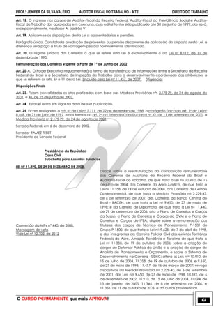 PROF.ª JENIFER DA SILVA VALÉRIO AUDITOR FISCAL DO TRABALHO – MTE DIREITO DO TRABALHO
O CURSO PERMANENTE que mais APROVA! 61
Art. 18. O ingresso nos cargos de Auditor-Fiscal da Receita Federal, Auditor-Fiscal da Previdência Social e Auditor-
Fiscal do Trabalho dos aprovados em concurso, cujo edital tenha sido publicado até 30 de junho de 1999, dar-se-á,
excepcionalmente, na classe A, padrão V.
Art. 19. Aplicam-se as disposições desta Lei a aposentadorias e pensões.
Parágrafo único. Constatada a redução de proventos ou pensão decorrente da aplicação do disposto nesta Lei, a
diferença será paga a título de vantagem pessoal nominalmente identificada.
Art. 20. O regime jurídico das Carreiras a que se refere esta Lei é exclusivamente o da Lei no 8.112, de 11 de
dezembro de 1990.
Remuneração das Carreiras Vigente a Partir de 1º de Junho de 2002
Art. 20-A. O Poder Executivo regulamentará a forma de transferência de informações entre a Secretaria da Receita
Federal do Brasil e a Secretaria de Inspeção do Trabalho para o desenvolvimento coordenado das atribuições a
que se referem os arts. 6o e 11 desta Lei. (Incluído pela Lei nº 11.457, de 2007) (Vigência)
Disposições Finais
Art. 23. Ficam convalidados os atos praticados com base nas Medidas Provisórias nºs 2.175-29, de 24 de agosto de
2001, e 46, de 25 de junho de 2002.
Art. 24. Esta Lei entra em vigor na data de sua publicação.
Art. 25. Ficam revogados o art. 5o da Lei no 7.711, de 22 de dezembro de 1988, o parágrafo único do art. 1o da Lei no
8.448, de 21 de julho de 1992, e nos termos do art. 2o da Emenda Constitucional no 32, de 11 de setembro de 2001, a
Medida Provisória no 2.175-29, de 24 de agosto de 2001.
Senado Federal, em 6 de dezembro de 2002.
Senador RAMEZ TEBET
Presidente do Senado Federal
Presidência da República
Casa Civil
Subchefia para Assuntos Jurídicos
LEI Nº 11.890, DE 24 DE DEZEMBRO DE 2008.
Conversão da MPv nº 440, de 2008.
Mensagem de veto
Vide Lei nº 12.702, de 2012
Dispõe sobre a reestruturação da composição remuneratória
das Carreiras de Auditoria da Receita Federal do Brasil e
Auditoria-Fiscal do Trabalho, de que trata a Lei no 10.910, de 15
de julho de 2004, das Carreiras da Área Jurídica, de que trata a
Lei no 11.358, de 19 de outubro de 2006, das Carreiras de Gestão
Governamental, de que trata a Medida Provisória no 2.229-43,
de 6 de setembro de 2001; das Carreiras do Banco Central do
Brasil - BACEN, de que trata a Lei no 9.650, de 27 de maio de
1998; e da Carreira de Diplomata, de que trata a Lei no 11.440,
de 29 de dezembro de 2006; cria o Plano de Carreiras e Cargos
da Susep, o Plano de Carreiras e Cargos da CVM e o Plano de
Carreiras e Cargos do IPEA; dispõe sobre a remuneração dos
titulares dos cargos de Técnico de Planejamento P-1501 do
Grupo P-1500, de que trata a Lei no 9.625, de 7 de abril de 1998,
e dos integrantes da Carreira Policial Civil dos extintos Territórios
Federais do Acre, Amapá, Rondônia e Roraima de que trata a
Lei no 11.358, de 19 de outubro de 2006, sobre a criação de
cargos de Defensor Público da União e a criação de cargos de
Analista de Planejamento e Orçamento, e sobre o Sistema de
Desenvolvimento na Carreira - SIDEC; altera as Leis nos 10.910, de
15 de julho de 2004, 11.358, de 19 de outubro de 2006, e 9.650,
de 27 de maio de 1998, 11.457, de 16 de março de 2007; revoga
dispositivos da Medida Provisória no 2.229-43, de 6 de setembro
de 2001, das Leis nos 9.650, de 27 de maio de 1998, 10.593, de 6
de dezembro de 2002, 10.910, de 15 de julho de 2004, 11.094, de
13 de janeiro de 2005, 11.344, de 8 de setembro de 2006, e
11.356, de 19 de outubro de 2006; e dá outras providências.
 