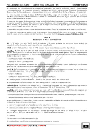 PROF.ª JENIFER DA SILVA VALÉRIO AUDITOR FISCAL DO TRABALHO – MTE DIREITO DO TRABALHO
O CURSO PERMANENTE que mais APROVA! 68
III - ocupantes dos cargos efetivos da Carreira de Especialista em Políticas Públicas e Gestão Governamental,
independentemente de cessão ou requisição, mediante autorização do Ministro de Estado do Planejamento,
Orçamento e Gestão, nos órgãos e entidades da administração pública federal direta, autárquica e fundacional;
IV - cessões para o exercício de cargo de Natureza Especial ou cargos em comissão de nível igual ou superior a
DAS-4 do Grupo-Direção e Assessoramento Superiores, ou equivalentes, em outros órgãos da União, em autarquias
ou em fundações públicas federais;
V - exercício dos cargos de Secretário de Estado ou do Distrito Federal, de cargos em comissão de nível equivalente
ou superior ao de DAS-4 ou de dirigente máximo de entidade da administração pública no âmbito dos Estados, do
Distrito Federal, de prefeitura de capital ou de município com mais de 500.000 (quinhentos mil) habitantes;
(Redação dada pela Lei nº 12;269, de 2010)
VI - exercício de cargo de diretor ou de presidente de empresa pública ou sociedade de economia mista federal.
VII - exercício de cargo de auditor-chefe ou equivalente de empresa pública ou sociedade de economia mista
federal, exclusivamente para servidor da Carreira de Finanças e Controle. (Incluído pela Lei nº 12.702, de 2012)
Seção IV
Das Carreiras do Banco Central do Brasil
Art. 19. O Anexo II da Lei nº 9.650, de 27 de maio de 1998, passa a vigorar nos termos do Anexo V desta Lei,
produzindo efeitos financeiros a partir da data nele especificada.
Art. 20. A Lei no 9.650, de 27 de maio de 1998, passa a vigorar acrescida dos seguintes dispositivos:
―Art. 9º-A. A partir de 1o de julho de 2008, passam a ser remunerados exclusivamente por subsídio, fixado em
parcela única, vedado o acréscimo de qualquer gratificação, adicional, abono, prêmio, verba de representação
ou outra espécie remuneratória, os titulares dos seguintes cargos de provimento efetivo da Carreira de Especialista
do Banco Central do Brasil:
I - Analista do Banco Central do Brasil; e
II - Técnico do Banco Central do Brasil.
Parágrafo único. Os valores do subsídio dos titulares dos cargos a que se refere o caput deste artigo são os fixados
no Anexo II-A, com efeitos financeiros a partir das datas nele especificadas.‖
―Art. 9º-B. Estão compreendidas no subsídio e não são mais devidas aos titulares dos cargos a que se refere o art.
9o-A desta Lei, a partir de 1o de julho de 2008, as seguintes espécies remuneratórias:
I - Vencimento Básico;
II - Gratificação de Qualificação - GQ, de que trata o art. 10 desta Lei;
III - Gratificação de Atividade do Banco Central - GABC, de que trata o art. 11 desta Lei; e
IV - Vantagem Pecuniária Individual - VPI, de que trata a Lei no 10.698, de 2 de julho de 2003.
Parágrafo único. Considerando o disposto no art. 9o-A desta Lei, os titulares dos cargos nele referidos não fazem jus
à percepção das vantagens de que trata a Lei Delegada no 13, de 27 de agosto de 1992.‖
―Art. 9º-C. Além das parcelas e vantagens de que trata o art. 9o-B, não são devidas aos titulares dos cargos a que
se refere o art. 9o-A desta Lei, a partir de 1o de julho de 2008, as seguintes parcelas:
I - vantagens pessoais e Vantagens Pessoais Nominalmente Identificadas - VPNI, de qualquer origem e natureza;
II - diferenças individuais e resíduos, de qualquer origem e natureza;
III - valores incorporados à remuneração decorrentes do exercício de função de direção, chefia ou assessoramento
ou de cargo de provimento em comissão;
IV - valores incorporados à remuneração referentes a quintos ou décimos;
V - valores incorporados à remuneração a título de adicional por tempo de serviço;
VI - vantagens incorporadas aos proventos ou pensões por força dos arts. 180 e 184 da Lei no 1.711, de 28 de
outubro de 1952, e dos arts. 192 e 193 da Lei no 8.112, de 11 de dezembro de 1990;
VII - abonos;
VIII - valores pagos a título de representação;
IX - adicional pelo exercício de atividades insalubres, perigosas ou penosas;
 