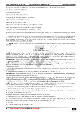 PROF.ª JENIFER DA SILVA VALÉRIO AUDITOR FISCAL DO TRABALHO – MTE DIREITO DO TRABALHO
O CURSO PERMANENTE que mais APROVA! 70
III - cessão para o exercício de cargos em comissão nos seguintes órgãos do Ministério da Fazenda:
a) Gabinete do Ministro de Estado;
b) Secretaria-Executiva;
c) Secretaria de Política Econômica;
d) Secretaria de Acompanhamento Econômico;
e) Secretaria de Assuntos Internacionais;
f) Secretaria do Tesouro Nacional;
g) Secretaria Extraordinária de Reformas Econômicas e Fiscais;
h) Conselho de Recursos do Sistema Financeiro Nacional; e
i) Conselho de Controle de Atividades Financeiras - COAF;
IV - exercício de cargo de diretor ou de presidente de empresa pública ou sociedade de economia mista federal;
e
V - exercício dos cargos de Secretário de Estado ou do Distrito Federal, de cargos em comissão de nível equivalente
ou superior ao de DAS-4 ou de dirigente máximo de entidade da administração pública no âmbito dos Estados, do
Distrito Federal, de prefeitura de capital ou de município com mais de 500.000 (quinhentos mil) habitantes.
(Redação dada pela Lei nº 12;269, de 2010)
Art. 24. A Lei nº 9.650, de 27 de maio de 1998, passa a vigorar acrescida do Anexo II-A, na forma do Anexo VI
desta Lei.
Seção V
Da Carreira de Diplomata
Art. 25. Os titulares dos cargos de provimento efetivo da Carreira de Diplomata, que integra o Serviço Exterior
Brasileiro nos termos do art. 2º da Lei nº 11.440, de 29 de dezembro de 2006, passam a ser remunerados
exclusivamente por subsídio, fixado em parcela única, vedado o acréscimo de qualquer gratificação, adicional,
abono, prêmio, verba de representação ou outra espécie remuneratória.
Parágrafo único. Os valores do subsídio dos titulares dos cargos a que se refere o caput deste artigo são os fixados
no Anexo VII desta Lei, com efeitos financeiros a partir das datas nele especificadas.
Art. 26. Estão compreendidas no subsídio e não são mais devidas aos titulares dos cargos a que se refere o art. 25
desta Lei, a partir de 1o de julho de 2008, as seguintes espécies remuneratórias:
I - Vencimento Básico;
II - Gratificação de Desempenho de Atividade Diplomática - GDAD, de que trata o art. 3º da Lei nº 10.479, de 28 de
junho de 2002; e
III - Vantagem Pecuniária Individual - VPI, de que trata a Lei nº 10.698, de 2 de julho de 2003.
Parágrafo único. Considerando o disposto no art. 25 desta Lei, os titulares dos cargos nele referidos não fazem jus à
percepção das seguintes vantagens remuneratórias:
I - Gratificação de Habilitação Profissional e Acesso, de que tratam o inciso V do caput do art. 3º do Decreto-Lei nº
2.405, de 29 de dezembro de 1987, e o inciso IV do § 5º do art. 2º da Lei nº 7.923, de 12 de dezembro de 1989; e
II - Gratificação de Atividade - GAE, de que trata a Lei Delegada nº 13, de 27 de agosto de 1992.
Art. 27. Além das parcelas e vantagens de que trata o art. 26 desta Lei, não são devidas aos titulares dos cargos a
que se refere o art. 25 desta Lei, a partir de 1o de julho de 2008, as seguintes parcelas:
I - vantagens pessoais e Vantagens Pessoais Nominalmente Identificadas - VPNI, de qualquer origem e natureza;
II - diferenças individuais e resíduos, de qualquer origem e natureza;
III - valores incorporados à remuneração decorrentes do exercício de função de direção, chefia ou assessoramento
ou de cargo de provimento em comissão;
IV - valores incorporados à remuneração referentes a quintos ou décimos;
V - valores incorporados à remuneração a título de adicional por tempo de serviço;
VI - vantagens incorporadas aos proventos ou pensões por força dos arts. 180 e 184 da Lei nº 1.711, de 28 de
outubro de 1952, e dos arts. 192 e 193 da Lei nº 8.112, de 11 de dezembro de 1990;
VII - abonos;
VIII - valores pagos a título de representação;
 