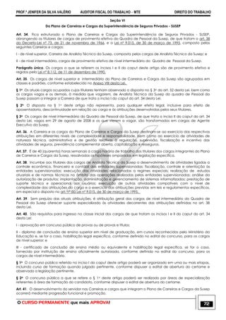 PROF.ª JENIFER DA SILVA VALÉRIO AUDITOR FISCAL DO TRABALHO – MTE DIREITO DO TRABALHO
O CURSO PERMANENTE que mais APROVA! 72
Seção VI
Do Plano de Carreiras e Cargos da Superintendência de Seguros Privados - SUSEP
Art. 34. Fica estruturado o Plano de Carreiras e Cargos da Superintendência de Seguros Privados - SUSEP,
abrangendo os titulares de cargos de provimento efetivo do Quadro de Pessoal da Susep, de que tratam o art. 38
do Decreto-Lei nº 73, de 21 de novembro de 1966, e a Lei nº 9.015, de 30 de março de 1995, composto pelas
seguintes Carreiras e cargos:
I - de nível superior, Carreira de Analista Técnico da Susep, composta pelos cargos de Analista Técnico da Susep; e
II - de nível intermediário, cargos de provimento efetivo de nível intermediário do Quadro de Pessoal da Susep.
Parágrafo único. Os cargos a que se referem os incisos I e II do caput deste artigo são de provimento efetivo e
regidos pela Lei nº 8.112, de 11 de dezembro de 1990.
Art. 35. Os cargos de nível superior e intermediário do Plano de Carreiras e Cargos da Susep são agrupados em
classes e padrões, conforme estabelecido no Anexo VIII desta Lei.
§ 1o Os atuais cargos ocupados cujos titulares tenham observado o disposto no § 3o do art. 52 desta Lei, bem como
os cargos vagos e os demais, à medida que vagarem, de Analista Técnico da Susep do quadro de Pessoal da
Susep passam a integrar a Carreira de que trata o inciso I do caput do art. 34 desta Lei.
§ 2o O disposto no § 1o deste artigo não representa, para qualquer efeito legal, inclusive para efeito de
aposentadoria, descontinuidade em relação ao cargo e às atribuições desenvolvidas pelos seus titulares.
§ 3o Os cargos de nível intermediário do Quadro de Pessoal da Susep, de que trata o inciso II do caput do art. 34
desta Lei, vagos em 29 de agosto de 2008 e os que vierem a vagar, são transformados em cargos de Agente
Executivo da Susep.
Art. 36. A Carreira e os cargos do Plano de Carreiras e Cargos da Susep destinam-se ao exercício das respectivas
atribuições em diferentes níveis de complexidade e responsabilidade, bem como ao exercício de atividades de
natureza técnica, administrativa e de gestão relativas à regulação, supervisão, fiscalização e incentivo das
atividades de seguros, previdência complementar aberta, capitalização e resseguros.
Art. 37. É de 40 (quarenta) horas semanais a carga horária de trabalho dos titulares dos cargos integrantes do Plano
de Carreiras e Cargos da Susep, ressalvadas as hipóteses amparadas em legislação específica.
Art. 38. Incumbe aos titulares dos cargos de Analista Técnico da Susep o desenvolvimento de atividades ligadas a
controle econômico, financeiro e contábil das entidades supervisionadas; fiscalização, controle e orientação às
entidades supervisionadas; execução das atividades relacionadas a regimes especiais; realização de estudos
atuariais e de normas técnicas no âmbito das operações realizadas pelas entidades supervisionadas; análise da
autorização de produtos; implantação, administração e gerenciamento de sistemas informatizados; prestação de
suporte técnico e operacional aos usuários; execução de outras atividades compatíveis com o nível de
complexidade das atribuições do cargo e o exercício das atribuições previstas em leis e regulamentos específicos,
em especial o disposto no art. 1º da Lei nº 9.015, de 30 de março de 1995.
Art. 39. Sem prejuízo das atuais atribuições, é atribuição geral dos cargos de nível intermediário do Quadro de
Pessoal da Susep oferecer suporte especializado às atividades decorrentes das atribuições definidas no art. 38
desta Lei.
Art. 40. São requisitos para ingresso na classe inicial dos cargos de que tratam os incisos I e II do caput do art. 34
desta Lei:
I - aprovação em concurso público de provas ou de provas e títulos;
II - diploma de conclusão de ensino superior em nível de graduação, em cursos reconhecidos pelo Ministério da
Educação e, se for o caso, habilitação legal específica, conforme definido no edital do concurso, para os cargos
de nível superior; e
III - certificado de conclusão de ensino médio ou equivalente e habilitação legal específica, se for o caso,
fornecido por instituição de ensino oficialmente autorizada, conforme definido no edital do concurso, para os
cargos de nível intermediário.
§ 1o O concurso público referido no inciso I do caput deste artigo poderá ser organizado em uma ou mais etapas,
incluindo curso de formação quando julgado pertinente, conforme dispuser o edital de abertura do certame e
observada a legislação pertinente.
§ 2o O concurso público a que se refere o § 1o deste artigo poderá ser realizado por áreas de especialização
referentes à área de formação do candidato, conforme dispuser o edital de abertura do certame.
Art. 41. O desenvolvimento do servidor nas Carreiras e cargos que integram o Plano de Carreiras e Cargos da Susep
ocorrerá mediante progressão funcional e promoção.
 