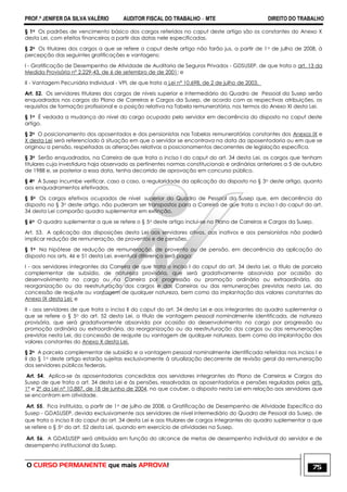 PROF.ª JENIFER DA SILVA VALÉRIO AUDITOR FISCAL DO TRABALHO – MTE DIREITO DO TRABALHO
O CURSO PERMANENTE que mais APROVA! 75
§ 1o Os padrões de vencimento básico dos cargos referidos no caput deste artigo são os constantes do Anexo X
desta Lei, com efeitos financeiros a partir das datas nele especificadas.
§ 2o Os titulares dos cargos a que se refere o caput deste artigo não farão jus, a partir de 1o de julho de 2008, à
percepção das seguintes gratificações e vantagens:
I - Gratificação de Desempenho de Atividade de Auditoria de Seguros Privados - GDSUSEP, de que trata o art. 13 da
Medida Provisória nº 2.229-43, de 6 de setembro de de 2001; e
II - Vantagem Pecuniária Individual - VPI, de que trata a Lei nº 10.698, de 2 de julho de 2003.
Art. 52. Os servidores titulares dos cargos de níveis superior e intermediário do Quadro de Pessoal da Susep serão
enquadrados nos cargos do Plano de Carreiras e Cargos da Susep, de acordo com as respectivas atribuições, os
requisitos de formação profissional e a posição relativa na Tabela remuneratória, nos termos do Anexo XI desta Lei.
§ 1o É vedada a mudança do nível do cargo ocupado pelo servidor em decorrência do disposto no caput deste
artigo.
§ 2o O posicionamento dos aposentados e dos pensionistas nas Tabelas remuneratórias constantes dos Anexos IX e
X desta Lei será referenciado à situação em que o servidor se encontrava na data da aposentadoria ou em que se
originou a pensão, respeitadas as alterações relativas a posicionamentos decorrentes de legislação específica.
§ 3o Serão enquadrados, na Carreira de que trata o inciso I do caput do art. 34 desta Lei, os cargos que tenham
titulares cuja investidura haja observado as pertinentes normas constitucionais e ordinárias anteriores a 5 de outubro
de 1988 e, se posterior a essa data, tenha decorrido de aprovação em concurso público.
§ 4o À Susep incumbe verificar, caso a caso, a regularidade da aplicação do disposto no § 3o deste artigo, quanto
aos enquadramentos efetivados.
§ 5o Os cargos efetivos ocupados de nível superior do Quadro de Pessoal da Susep que, em decorrência do
disposto no § 3o deste artigo, não puderam ser transpostos para a Carreira de que trata o inciso I do caput do art.
34 desta Lei comporão quadro suplementar em extinção.
§ 6o O quadro suplementar a que se refere o § 5o deste artigo inclui-se no Plano de Carreiras e Cargos da Susep.
Art. 53. A aplicação das disposições desta Lei aos servidores ativos, aos inativos e aos pensionistas não poderá
implicar redução de remuneração, de proventos e de pensões.
§ 1o Na hipótese de redução de remuneração, de provento ou de pensão, em decorrência da aplicação do
disposto nos arts. 46 e 51 desta Lei, eventual diferença será paga:
I - aos servidores integrantes da Carreira de que trata o inciso I do caput do art. 34 desta Lei, a título de parcela
complementar de subsídio, de natureza provisória, que será gradativamente absorvida por ocasião do
desenvolvimento no cargo ou na Carreira por progressão ou promoção ordinária ou extraordinária, da
reorganização ou da reestruturação dos cargos e das Carreiras ou das remunerações previstas nesta Lei, da
concessão de reajuste ou vantagem de qualquer natureza, bem como da implantação dos valores constantes do
Anexo IX desta Lei; e
II - aos servidores de que trata o inciso II do caput do art. 34 desta Lei e aos integrantes do quadro suplementar a
que se refere o § 5o do art. 52 desta Lei, a título de vantagem pessoal nominalmente identificada, de natureza
provisória, que será gradativamente absorvida por ocasião do desenvolvimento no cargo por progressão ou
promoção ordinária ou extraordinária, da reorganização ou da reestruturação dos cargos ou das remunerações
previstas nesta Lei, da concessão de reajuste ou vantagem de qualquer natureza, bem como da implantação dos
valores constantes do Anexo X desta Lei.
§ 2o A parcela complementar de subsídio e a vantagem pessoal nominalmente identificada referidas nos incisos I e
II do § 1o deste artigo estarão sujeitas exclusivamente à atualização decorrente de revisão geral da remuneração
dos servidores públicos federais.
Art. 54. Aplica-se às aposentadorias concedidas aos servidores integrantes do Plano de Carreiras e Cargos da
Susep de que trata o art. 34 desta Lei e às pensões, ressalvadas as aposentadorias e pensões reguladas pelos arts.
1º e 2º da Lei nº 10.887, de 18 de junho de 2004, no que couber, o disposto nesta Lei em relação aos servidores que
se encontram em atividade.
Art. 55. Fica instituída, a partir de 1o de julho de 2008, a Gratificação de Desempenho de Atividade Específica da
Susep - GDASUSEP, devida exclusivamente aos servidores de nível intermediário do Quadro de Pessoal da Susep, de
que trata o inciso II do caput do art. 34 desta Lei e aos titulares de cargos integrantes do quadro suplementar a que
se refere o § 5o do art. 52 desta Lei, quando em exercício de atividades na Susep.
Art. 56. A GDASUSEP será atribuída em função do alcance de metas de desempenho individual do servidor e de
desempenho institucional da Susep.
 