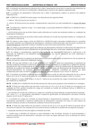 PROF.ª JENIFER DA SILVA VALÉRIO AUDITOR FISCAL DO TRABALHO – MTE DIREITO DO TRABALHO
O CURSO PERMANENTE que mais APROVA! 83
§ 1o A avaliação de desempenho individual visa a aferir o desempenho do servidor no exercício das atribuições do
cargo ou função, com foco na contribuição individual para o alcance dos objetivos organizacionais.
§ 2o A avaliação de desempenho institucional visa a aferir o desempenho coletivo no alcance dos objetivos
organizacionais.
§ 3o A GDECVM e a GDASCVM serão pagas com observância dos seguintes limites:
I - máximo, 100 (cem) pontos por servidor; e
II - mínimo, 30 (trinta) pontos por servidor, correspondendo cada ponto ao valor estabelecido no Anexo XVII desta
Lei.
§ 4o Considerando o disposto nos §§ 1o e 2o deste artigo, a pontuação referente à GDECVM e à GDASCVM terá a
seguinte distribuição:
I - até 20 (vinte) pontos de seu limite máximo serão atribuídos em função dos resultados obtidos na avaliação de
desempenho individual; e
II - até 80 (oitenta) pontos de seu limite máximo serão atribuídos em função dos resultados obtidos na avaliação de
desempenho institucional.
§ 5o Os valores a serem pagos a título de GDECVM ou GDASCVM serão calculados multiplicando-se o somatório
dos pontos auferidos nas avaliações de desempenho individual e institucional pelo valor do ponto constante do
Anexo XVII desta Lei, observada a classe e o padrão em que se encontra posicionado o servidor.
§ 6o Os critérios e procedimentos gerais de avaliação de desempenho individual e institucional e de atribuição da
GDECVM e da GDASCVM serão estabelecidos em ato do Poder Executivo, observada a legislação vigente.
§ 7o Os critérios e procedimentos específicos de avaliação de desempenho individual e institucional e de
atribuição da GDECVM e da GDASCVM serão estabelecidos em ato do Presidente da CVM, observada a
legislação vigente.
§ 8o As metas referentes à avaliação de desempenho institucional serão fixadas anualmente em ato do Ministro de
Estado da Fazenda, observada a legislação vigente.
Art. 92. Até que seja instituído o ato a que se refere o § 6o do art. 91 desta Lei e processados os resultados da
primeira avaliação individual e institucional, todos os servidores que fizerem jus à GDECVM ou GDASCVM deverão
percebê-la em valor correspondente ao último percentual recebido a título de Gratificação de Desempenho de
Atividade de Auditoria de Valores Mobiliários - GDCVM ou Gratificação de Desempenho de Atividade de Apoio
Técnico-Administrativo da Comissão de Valores Mobiliários - GDACVM, convertido em pontos que serão
multiplicados pelo valor constante do Anexo XVII desta Lei, conforme disposto no § 5o do art. 91 desta Lei.
§ 1o O resultado da primeira avaliação gera efeitos financeiros a partir da data de publicação do ato a que se
refere o § 6o do art. 91 desta Lei, devendo ser compensadas eventuais diferenças pagas a maior ou a menor.
§ 2o O disposto no caput deste artigo e no seu § 1o aplica-se aos ocupantes de cargos comissionados que fazem
jus à GDECVM ou GDASCVM.
Art. 93. A GDECVM e a GDASCVM não servirão de base de cálculo para quaisquer outros benefícios ou vantagens.
Art. 94. O titular de cargo efetivo de que trata o inciso II do art. 67 e o § 5o do art. 87 desta Lei, em exercício nas
unidades da CVM, quando investido em cargo em comissão ou função de confiança fará jus à GDECVM ou
GDASCVM da seguinte forma:
I - os investidos em função de confiança ou cargos em comissão do Grupo-Direção e Assessoramento Superiores -
DAS, níveis 3, 2, 1 ou equivalentes, perceberão a respectiva gratificação de desempenho calculada conforme
disposto no § 5o do art. 91 desta Lei; e
II - os investidos em cargos em comissão do Grupo-Direção e Assessoramento Superiores - DAS, níveis 6, 5, 4 ou
equivalentes, perceberão a respectiva gratificação de desempenho calculada com base no valor máximo da
parcela individual, somado ao resultado da avaliação institucional do período.
Art. 95. O titular de cargo efetivo de que tratam o inciso II do art. 67 e o § 5o do art. 87 desta Lei quando não se
encontrar em exercício nas unidades da CVM somente fará jus à GDECVM ou GDASCVM nas seguintes situações:
I - requisições previstas em lei para órgãos e entidades da União;
II - cessões para o Ministério da Fazenda ou para entidades a ele vinculadas, situação na qual perceberão a
respectiva gratificação de desempenho calculada com base nas regras aplicáveis como se estivesse em efetivo
exercício na CVM;
 