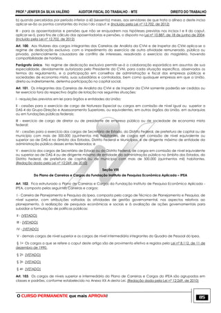 PROF.ª JENIFER DA SILVA VALÉRIO AUDITOR FISCAL DO TRABALHO – MTE DIREITO DO TRABALHO
O CURSO PERMANENTE que mais APROVA! 85
b) quando percebidas por período inferior a 60 (sessenta) meses, aos servidores de que trata a alínea a deste inciso
aplicar-se-ão os pontos constantes do inciso I do caput; e (Incluído pela Lei nº 12.702, de 2012)
III - para as aposentadorias e pensões que não se enquadrem nas hipóteses previstas nos incisos I e II do caput,
aplicar-se-á, para fins de cálculo das aposentadorias e pensões, o disposto na Lei nº 10.887, de 18 de junho de 2004.
(Incluído pela Lei nº 12.702, de 2012)
Art. 100. Aos titulares dos cargos integrantes das Carreiras de Analista da CVM e de Inspetor da CVM aplica-se o
regime de dedicação exclusiva, com o impedimento do exercício de outra atividade remunerada, pública ou
privada, potencialmente causadora de conflito de interesses, ressalvado o exercício do magistério, havendo
compatibilidade de horários.
Parágrafo único. No regime de dedicação exclusiva permitir-se-á a colaboração esporádica em assuntos de sua
especialidade, devidamente autorizada pelo Presidente da CVM, para cada situação específica, observados os
termos do regulamento, e a participação em conselhos de administração e fiscal das empresas públicas e
sociedades de economia mista, suas subsidiárias e controladas, bem como quaisquer empresas em que a União,
direta ou indiretamente, detenha participação no capital social.
Art. 101. Os integrantes das Carreiras de Analista da CVM e de Inspetor da CVM somente poderão ser cedidos ou
ter exercício fora do respectivo órgão de lotação nas seguintes situações:
I - requisições previstas em lei para órgãos e entidades da União;
II - cessões para o exercício de cargo de Natureza Especial ou cargos em comissão de nível igual ou superior a
DAS-4 do Grupo-Direção e Assessoramento Superiores, ou equivalentes, em outros órgãos da União, em autarquias
ou em fundações públicas federais;
III - exercício de cargo de diretor ou de presidente de empresa pública ou de sociedade de economia mista
federal;
IV - cessões para o exercício dos cargos de Secretário de Estado, do Distrito Federal, de prefeitura de capital ou de
município com mais de 500.000 (quinhentos mil) habitantes, de cargos em comissão de nível equivalente ou
superior ao de DAS-4 no âmbito dos Estados, Distrito Federal e Municípios, e de dirigente máximo de entidade da
administração pública desses entes federados; e
V - exercício dos cargos de Secretário de Estado ou do Distrito Federal, de cargos em comissão de nível equivalente
ou superior ao de DAS-4 ou de dirigente máximo de entidade da administração pública no âmbito dos Estados, do
Distrito Federal, de prefeitura de capital ou de município com mais de 500.000 (quinhentos mil) habitantes.
(Redação dada pela Lei nº 12;269, de 2010)
Seção VIII
Do Plano de Carreiras e Cargos da Fundação Instituto de Pesquisa Econômica Aplicada – IPEA
Art. 102. Fica estruturado o Plano de Carreiras e Cargos da Fundação Instituto de Pesquisa Econômica Aplicada -
IPEA, composto pelas seguintes Carreiras e cargos:
I - Carreira de Planejamento e Pesquisa do Ipea, composta pelo cargo de Técnico de Planejamento e Pesquisa, de
nível superior, com atribuições voltadas às atividades de gestão governamental, nos aspectos relativos ao
planejamento, à realização de pesquisas econômicas e sociais e à avaliação de ações governamentais para
subsidiar a formulação de políticas públicas;
II - (VETADO)
III - (VETADO)
IV - (VETADO)
V - demais cargos de nível superior e os cargos de nível intermediário integrantes do Quadro de Pessoal do Ipea.
§ 1o Os cargos a que se refere o caput deste artigo são de provimento efetivo e regidos pela Lei nº 8.112, de 11 de
dezembro de 1990.
§ 2o (VETADO)
§ 3o (VETADO)
§ 4o (VETADO)
Art. 103. Os cargos de níveis superior e intermediário do Plano de Carreiras e Cargos do IPEA são agrupados em
classes e padrões, conforme estabelecido no Anexo XX-A desta Lei. (Redação dada pela Lei nº 12;269, de 2010)
 