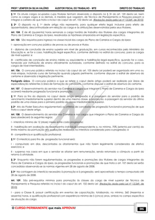 PROF.ª JENIFER DA SILVA VALÉRIO AUDITOR FISCAL DO TRABALHO – MTE DIREITO DO TRABALHO
O CURSO PERMANENTE que mais APROVA! 86
§ 1o Os atuais cargos ocupados cujos titulares tenham observado o disposto no § 3o do art. 120 desta Lei, bem
como os cargos vagos e os demais, à medida que vagarem, de Técnico de Planejamento e Pesquisa passam a
integrar a carreira de que trata o inciso I do caput do art. 102 desta Lei. (Redação dada pela Lei nº 12;269, de 2010)
§ 2o O disposto no § 1o deste artigo não representa, para qualquer efeito legal, inclusive para efeito de
aposentadoria, descontinuidade em relação ao cargo e às atribuições desenvolvidas pelos seus titulares.
Art. 104. É de 40 (quarenta) horas semanais a carga horária de trabalho dos titulares dos cargos integrantes do
Plano de Carreiras e Cargos do Ipea, ressalvadas as hipóteses amparadas em legislação específica.
Art. 105. São requisitos para ingresso na classe inicial dos cargos do Plano de Carreiras e Cargos do Ipea:
I - aprovação em concurso público de provas ou de provas e títulos;
II - diploma de conclusão de ensino superior em nível de graduação, em cursos reconhecidos pelo Ministério da
Educação e, se for o caso, habilitação legal específica, conforme definido no edital do concurso, para os cargos
de nível superior; e
III - certificado de conclusão de ensino médio ou equivalente e habilitação legal específica, quando for o caso,
fornecido por instituição de ensino oficialmente autorizada, conforme definido no edital do concurso, para os
cargos de nível intermediário.
Art. 106. O concurso público referido no inciso I do caput do art. 105 desta Lei poderá ser organizado em uma ou
mais etapas, incluindo curso de formação quando julgado pertinente, conforme dispuser o edital de abertura do
certame e observada a legislação pertinente.
Parágrafo único. O concurso público a que se refere o caput deste artigo poderá ser realizado por áreas de
especialização referentes à área de formação do candidato, conforme dispuser o edital de abertura do certame.
Art. 107. O desenvolvimento do servidor nas Carreiras e cargos que integram o Plano de Carreiras e Cargos do Ipea
ocorrerá mediante progressão funcional e promoção.
§ 1o Para os fins do disposto no caput deste artigo, progressão é a passagem do servidor para o padrão de
vencimento imediatamente superior dentro de uma mesma classe, e promoção, a passagem do servidor do último
padrão de uma classe para o primeiro padrão da classe imediatamente superior.
§ 2o Ato do Poder Executivo regulamentará os critérios de concessão de progressão funcional e promoção de que
trata o caput deste artigo.
Art. 108. O desenvolvimento do servidor nas Carreiras e nos cargos que integram o Plano de Carreiras e Cargos do
Ipea obedecerá às seguintes regras:
I - interstício mínimo de 12 (doze) meses entre cada progressão;
II - habilitação em avaliação de desempenho individual correspondente a, no mínimo, 70% (setenta por cento) do
limite máximo da pontuação das avaliações realizadas no interstício considerado para a progressão; e
III - competência e qualificação profissional.
§ 1o O interstício para fins de progressão funcional será:
I - computado em dias, descontados os afastamentos que não forem legalmente considerados de efetivo
exercício; e
II - suspenso nos casos em que o servidor se afastar sem remuneração, sendo retomado o cômputo a partir do
retorno à atividade.
§ 2o Enquanto não forem regulamentadas, as progressões e promoções dos titulares de cargos integrantes do
Plano de Carreiras e Cargos do Ipea, as progressões funcionais e promoções de que trata o art. 107 desta Lei serão
concedidas observando-se as normas vigentes em 28 de agosto de 2008.
§ 3o Na contagem do interstício necessário à promoção e à progressão, será aproveitado o tempo computado até
28 de agosto de 2008.
Art. 109. São pré-requisitos mínimos para promoção às classes do cargo de nível superior de Técnico de
Planejamento e Pesquisa referido no inciso I do caput do art. 102 desta Lei: (Redação dada pela Lei nº 12;269, de
2010)
I - para a Classe B, possuir certificação em eventos de capacitação, totalizando, no mínimo, 360 (trezentas e
sessenta) horas, e qualificação profissional com experiência mínima de 5 (cinco) anos, ambas no campo específico
de atuação do cargo;
 