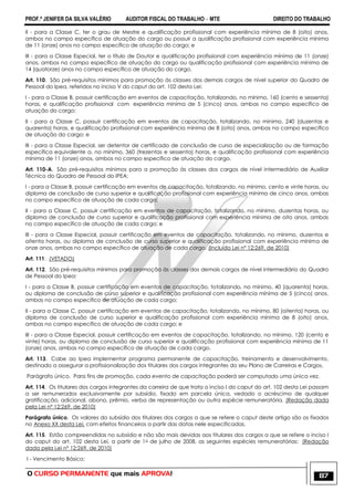 PROF.ª JENIFER DA SILVA VALÉRIO AUDITOR FISCAL DO TRABALHO – MTE DIREITO DO TRABALHO
O CURSO PERMANENTE que mais APROVA! 87
II - para a Classe C, ter o grau de Mestre e qualificação profissional com experiência mínima de 8 (oito) anos,
ambos no campo específico de atuação do cargo ou possuir a qualificação profissional com experiência mínima
de 11 (onze) anos no campo específico de atuação do cargo; e
III - para a Classe Especial, ter o título de Doutor e qualificação profissional com experiência mínima de 11 (onze)
anos, ambos no campo específico de atuação do cargo ou qualificação profissional com experiência mínima de
14 (quatorze) anos no campo específico de atuação do cargo.
Art. 110. São pré-requisitos mínimos para promoção às classes dos demais cargos de nível superior do Quadro de
Pessoal do Ipea, referidos no inciso V do caput do art. 102 desta Lei:
I - para a Classe B, possuir certificação em eventos de capacitação, totalizando, no mínimo, 160 (cento e sessenta)
horas, e qualificação profissional com experiência mínima de 5 (cinco) anos, ambas no campo específico de
atuação do cargo;
II - para a Classe C, possuir certificação em eventos de capacitação, totalizando, no mínimo, 240 (duzentas e
quarenta) horas, e qualificação profissional com experiência mínima de 8 (oito) anos, ambas no campo específico
de atuação do cargo; e
III - para a Classe Especial, ser detentor de certificado de conclusão de curso de especialização ou de formação
específica equivalente a, no mínimo, 360 (trezentas e sessenta) horas, e qualificação profissional com experiência
mínima de 11 (onze) anos, ambos no campo específico de atuação do cargo.
Art. 110-A. São pré-requisitos mínimos para a promoção às classes dos cargos de nível intermediário de Auxiliar
Técnico do Quadro de Pessoal do IPEA:
I - para a Classe B, possuir certificação em eventos de capacitação, totalizando, no mínimo, cento e vinte horas, ou
diploma de conclusão de curso superior e qualificação profissional com experiência mínima de cinco anos, ambas
no campo específico de atuação de cada cargo;
II - para a Classe C, possuir certificação em eventos de capacitação, totalizando, no mínimo, duzentas horas, ou
diploma de conclusão de curso superior e qualificação profissional com experiência mínima de oito anos, ambas
no campo específico de atuação de cada cargo; e
III - para a Classe Especial, possuir certificação em eventos de capacitação, totalizando, no mínimo, duzentos e
oitenta horas, ou diploma de conclusão de curso superior e qualificação profissional com experiência mínima de
onze anos, ambas no campo específico de atuação de cada cargo. (Incluído Lei nº 12;269, de 2010)
Art. 111. (VETADO)
Art. 112. São pré-requisitos mínimos para promoção às classes dos demais cargos de nível intermediário do Quadro
de Pessoal do Ipea:
I - para a Classe B, possuir certificação em eventos de capacitação, totalizando, no mínimo, 40 (quarenta) horas,
ou diploma de conclusão de curso superior e qualificação profissional com experiência mínima de 5 (cinco) anos,
ambas no campo específico de atuação de cada cargo;
II - para a Classe C, possuir certificação em eventos de capacitação, totalizando, no mínimo, 80 (oitenta) horas, ou
diploma de conclusão de curso superior e qualificação profissional com experiência mínima de 8 (oito) anos,
ambas no campo específico de atuação de cada cargo; e
III - para a Classe Especial, possuir certificação em eventos de capacitação, totalizando, no mínimo, 120 (cento e
vinte) horas, ou diploma de conclusão de curso superior e qualificação profissional com experiência mínima de 11
(onze) anos, ambas no campo específico de atuação de cada cargo.
Art. 113. Cabe ao Ipea implementar programa permanente de capacitação, treinamento e desenvolvimento,
destinado a assegurar a profissionalização dos titulares dos cargos integrantes do seu Plano de Carreiras e Cargos.
Parágrafo único. Para fins de promoção, cada evento de capacitação poderá ser computado uma única vez.
Art. 114. Os titulares dos cargos integrantes da carreira de que trata o inciso I do caput do art. 102 desta Lei passam
a ser remunerados exclusivamente por subsídio, fixado em parcela única, vedado o acréscimo de qualquer
gratificação, adicional, abono, prêmio, verba de representação ou outra espécie remuneratória. (Redação dada
pela Lei nº 12;269, de 2010)
Parágrafo único. Os valores do subsídio dos titulares dos cargos a que se refere o caput deste artigo são os fixados
no Anexo XX desta Lei, com efeitos financeiros a partir das datas nele especificadas.
Art. 115. Estão compreendidas no subsídio e não são mais devidas aos titulares dos cargos a que se refere o inciso I
do caput do art. 102 desta Lei, a partir de 1o de julho de 2008, as seguintes espécies remuneratórias: (Redação
dada pela Lei nº 12;269, de 2010)
I - Vencimento Básico;
 