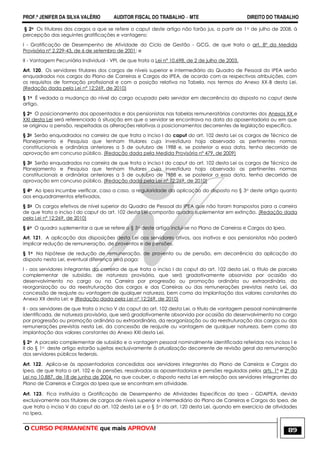 PROF.ª JENIFER DA SILVA VALÉRIO AUDITOR FISCAL DO TRABALHO – MTE DIREITO DO TRABALHO
O CURSO PERMANENTE que mais APROVA! 89
§ 2o Os titulares dos cargos a que se refere o caput deste artigo não farão jus, a partir de 1o de julho de 2008, à
percepção das seguintes gratificações e vantagens:
I - Gratificação de Desempenho de Atividade do Ciclo de Gestão - GCG, de que trata o art. 8º da Medida
Provisória nº 2.229-43, de 6 de setembro de 2001; e
II - Vantagem Pecuniária Individual - VPI, de que trata a Lei nº 10.698, de 2 de julho de 2003.
Art. 120. Os servidores titulares dos cargos de níveis superior e intermediário do Quadro de Pessoal do IPEA serão
enquadrados nos cargos do Plano de Carreiras e Cargos do IPEA, de acordo com as respectivas atribuições, com
os requisitos de formação profissional e com a posição relativa na Tabela, nos termos do Anexo XX-B desta Lei.
(Redação dada pela Lei nº 12;269, de 2010)
§ 1o É vedada a mudança do nível do cargo ocupado pelo servidor em decorrência do disposto no caput deste
artigo.
§ 2o O posicionamento dos aposentados e dos pensionistas nas tabelas remuneratórias constantes dos Anexos XX e
XXI desta Lei será referenciado à situação em que o servidor se encontrava na data da aposentadoria ou em que
se originou a pensão, respeitadas as alterações relativas a posicionamentos decorrentes de legislação específica.
§ 3o Serão enquadrados na carreira de que trata o inciso I do caput do art. 102 desta Lei os cargos de Técnico de
Planejamento e Pesquisa que tenham titulares cuja investidura haja observado as pertinentes normas
constitucionais e ordinárias anteriores a 5 de outubro de 1988 e, se posterior a essa data, tenha decorrido de
aprovação em concurso público. (Redação dada pela Medida Provisória nº 479, de 2009)
§ 3o Serão enquadrados na carreira de que trata o inciso I do caput do art. 102 desta Lei os cargos de Técnico de
Planejamento e Pesquisa que tenham titulares cuja investidura haja observado as pertinentes normas
constitucionais e ordinárias anteriores a 5 de outubro de 1988 e, se posterior a essa data, tenha decorrido de
aprovação em concurso público. (Redação dada pela Lei nº 12;269, de 2010)
§ 4o Ao Ipea incumbe verificar, caso a caso, a regularidade da aplicação do disposto no § 3o deste artigo quanto
aos enquadramentos efetivados.
§ 5o Os cargos efetivos de nível superior do Quadro de Pessoal do IPEA que não foram transpostos para a carreira
de que trata o inciso I do caput do art. 102 desta Lei comporão quadro suplementar em extinção. (Redação dada
pela Lei nº 12;269, de 2010)
§ 6o O quadro suplementar a que se refere o § 5o deste artigo inclui-se no Plano de Carreiras e Cargos do Ipea.
Art. 121. A aplicação das disposições desta Lei aos servidores ativos, aos inativos e aos pensionistas não poderá
implicar redução de remuneração, de proventos e de pensões.
§ 1o Na hipótese de redução de remuneração, de provento ou de pensão, em decorrência da aplicação do
disposto nesta Lei, eventual diferença será paga:
I - aos servidores integrantes da carreira de que trata o inciso I do caput do art. 102 desta Lei, a título de parcela
complementar de subsídio, de natureza provisória, que será gradativamente absorvida por ocasião do
desenvolvimento no cargo ou na Carreira por progressão ou promoção ordinária ou extraordinária, da
reorganização ou da reestruturação dos cargos e das Carreiras ou das remunerações previstas nesta Lei, da
concessão de reajuste ou vantagem de qualquer natureza, bem como da implantação dos valores constantes do
Anexo XX desta Lei; e (Redação dada pela Lei nº 12;269, de 2010)
II - aos servidores de que trata o inciso V do caput do art. 102 desta Lei, a título de vantagem pessoal nominalmente
identificada, de natureza provisória, que será gradativamente absorvida por ocasião do desenvolvimento no cargo
por progressão ou promoção ordinária ou extraordinária, da reorganização ou da reestruturação dos cargos ou das
remunerações previstas nesta Lei, da concessão de reajuste ou vantagem de qualquer natureza, bem como da
implantação dos valores constantes do Anexo XXI desta Lei.
§ 2o A parcela complementar de subsídio e a vantagem pessoal nominalmente identificada referidas nos incisos I e
II do § 1o deste artigo estarão sujeitas exclusivamente à atualização decorrente de revisão geral da remuneração
dos servidores públicos federais.
Art. 122. Aplica-se às aposentadorias concedidas aos servidores integrantes do Plano de Carreiras e Cargos do
Ipea, de que trata o art. 102 e às pensões, ressalvadas as aposentadorias e pensões reguladas pelos arts. 1º e 2º da
Lei no 10.887, de 18 de junho de 2004, no que couber, o disposto nesta Lei em relação aos servidores integrantes do
Plano de Carreiras e Cargos do Ipea que se encontram em atividade.
Art. 123. Fica instituída a Gratificação de Desempenho de Atividades Específicas do Ipea - GDAIPEA, devida
exclusivamente aos titulares de cargos de níveis superior e intermediário do Plano de Carreiras e Cargos do Ipea, de
que trata o inciso V do caput do art. 102 desta Lei e o § 5o do art. 120 desta Lei, quando em exercício de atividades
no Ipea.
 