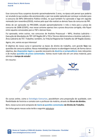 3
44
Esse concurso ficou suspenso durante aproximadamente 2 anos, na época até pensei que poderia
ser anulado (o que acabou não acontecendo), e por isso acabei optando por começar a estudar para
o concurso do MPU (Ministério Público União), no qual também fui aprovado e logo em seguida
nomeado (em novembro/2010), motivo pelo qual não realizei as demais fases do concurso da PRF.
Antes de ser aprovado na PRF/2009, estudei aproximadamente 1 mês e meio para a prova do
concurso de 2008 (CESPE), mas nesse certame apenas tive a prova discursiva corrigida, não fiquei
entre aqueles convocados para o TAF e demais fases.
Fui aprovado, entre outros, nos concursos de Analista Processual – MPU, Analista Judiciário –
Execução de Mandados do TRT-10ª Região (DF e TO) e Técnico Administrativo e Analista Judiciário –
Área Judiciária do TST. Trabalhei, também, no Tribunal Regional do Trabalho da 18ª Região (Goiás).
Agora, sim, vamos ao que interessa!
O objetivo do nosso curso é apresentar as bases do direito do trabalho, com grande foco nas
questões de concurso público. Nossa metodologia se baseia na abordagem textual, de forma clara e
objetiva, das disposições legais e, quando necessário da doutrina e jurisprudência mais relevantes
e de muitas questões de prova comentadas. Vamos reunir tudo isto em um único material, para
otimizar o tempo de estudo!
Em resumo:
Os cursos online, como o Estratégia Concursos, possibilitam uma preparação de qualidade, com
flexibilidade de horários e contato com o professor da matéria, através do fórum de dúvidas.
Bem, nosso curso será composto de teoria e questões comentadas de Direito do Trabalho.
Em linhas gerais nossas aulas terão a seguinte estrutura:
Antonio Daud Jr, Murilo Soares
Aula 00
Direito do Trabalho p/ CREA-GO (Analista - Direito) Com Videoaulas - Pós-Edital
www.estrategiaconcursos.com.br
0
00000000000 - DEMO
 