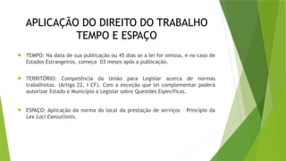 APLICAÇÃO DO DIREITO DO TRABALHO
TEMPO E ESPAÇO
 TEMPO: Na data de sua publicação ou 45 dias se a lei for omissa, e no caso de
Estados Estrangeiros, começa 03 meses após a publicação.
 TERRITÓRIO: Competência da União para Legislar acerca de normas
trabalhistas. (Artigo 22, I CF). Com a exceção que lei complementar poderá
autorizar Estado e Município a Legislar sobre Questões Específicas.
 ESPAÇO: Aplicação da norma do local da prestação de serviços – Princípio da
Lex Loci Executionis.
 
