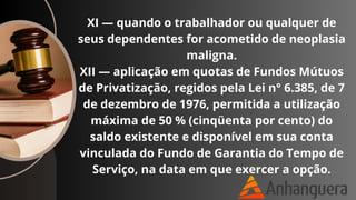 XI — quando o trabalhador ou qualquer de
seus dependentes for acometido de neoplasia
maligna.
XII — aplicação em quotas de Fundos Mútuos
de Privatização, regidos pela Lei n° 6.385, de 7
de dezembro de 1976, permitida a utilização
máxima de 50 % (cinqüenta por cento) do
saldo existente e disponível em sua conta
vinculada do Fundo de Garantia do Tempo de
Serviço, na data em que exercer a opção.
 