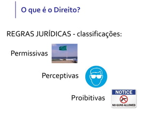O que é o Direito?
Permissivas
Perceptivas
Proibitivas
REGRAS JURÍDICAS - classificações:
 