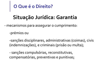 O Que é o Direito?
Situação Jurídica: Garantia
- mecanismos para assegurar o cumprimento:
-prémios ou
-sanções disciplinares, administrativas (coimas), civis
(indemnizações), e criminais (prisão ou multa);
- sanções compulsórias, reconstitutivas,
compensatórias, preventivas e punitivas;
 