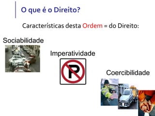 O que é o Direito?
Características desta Ordem = do Direito:
Sociabilidade
Imperatividade
Coercibilidade
 