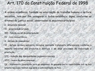 Art. 170 da Constituição Federal de 1998
A ordem econômica, fundada na valorização do trabalho humano e na livre
iniciativa, tem por fim assegurar a todos existência digna, conforme os
ditames da justiça social, observados os seguintes princípios:
I - soberania nacional;
II - propriedade privada;
III - função social da propriedade;
IV - livre concorrência;
V - defesa do consumidor;
VI - defesa do meio ambiente, inclusive mediante tratamento diferenciado conforme o
impacto ambiental dos produtos e serviços e de seus processos de elaboração e
prestação;
VII - redução das desigualdades regionais e sociais;
VIII - busca do pleno emprego;
IX - tratamento favorecido para as empresas de pequeno porte constituídas sob as leis

brasileiras e que tenham sua sede e administração no País.

 