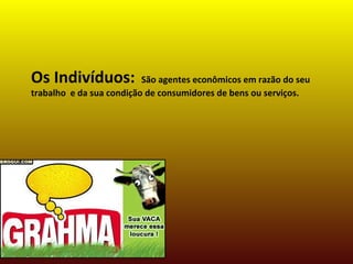 Os Indivíduos: São agentes econômicos em razão do seu
trabalho e da sua condição de consumidores de bens ou serviços.
 