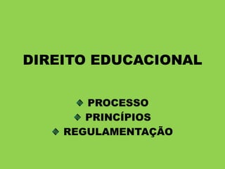 DIREITO EDUCACIONAL
PROCESSO
PRINCÍPIOS
REGULAMENTAÇÃO
 