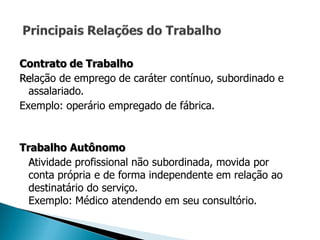 Contrato de Trabalho
Relação de emprego de caráter contínuo, subordinado e
  assalariado.
Exemplo: operário empregado de fábrica.


Trabalho Autônomo
  Atividade profissional não subordinada, movida por
  conta própria e de forma independente em relação ao
  destinatário do serviço.
  Exemplo: Médico atendendo em seu consultório.
 
