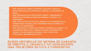 RAÍZES HISTÓRICAS DO SISTEMA DE GARANTIA
DE DIREITOS À CRIANÇA E AO ADOLESCENTE:
UMA TRAJETÓRIA DE LUTA E CONQUISTAS
1924: CRIAÇÃO DO CÓDIGO DE MENORES, MARCANDO O INÍCIO DA
INSTITUCIONALIZAÇÃO DA PROTEÇÃO À INFÂNCIA E ADOLESCÊNCIA NO
BRASIL.
1988: PROMULGAÇÃO DA CONSTITUIÇÃO FEDERAL, CONSAGRANDO O
PRINCÍPIO DA DOUTRINA DA PROTEÇÃO INTEGRAL À CRIANÇA E AO
ADOLESCENTE.
1990: APROVAÇÃO DO ESTATUTO DA CRIANÇA E DO ADOLESCENTE (ECA),
CONSOLIDANDO UM MARCO LEGAL ABRANGENTE PARA OS DIREITOS DA
CRIANÇA E DO ADOLESCENTE.
2006: INSTITUIÇÃO DO SISTEMA DE GARANTIA DE DIREITOS À CRIANÇA E AO
ADOLESCENTE (SGDCA) PELO CONSELHO NACIONAL DOS DIREITOS DA
CRIANÇA E DO ADOLESCENTE (CONANDA), COM O OBJETIVO DE
FORTALECER A IMPLEMENTAÇÃO DO ECA.
 
