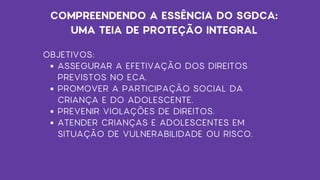 OBJETIVOS:
ASSEGURAR A EFETIVAÇÃO DOS DIREITOS
PREVISTOS NO ECA.
PROMOVER A PARTICIPAÇÃO SOCIAL DA
CRIANÇA E DO ADOLESCENTE.
PREVENIR VIOLAÇÕES DE DIREITOS.
ATENDER CRIANÇAS E ADOLESCENTES EM
SITUAÇÃO DE VULNERABILIDADE OU RISCO.
COMPREENDENDO A ESSÊNCIA DO SGDCA:
UMA TEIA DE PROTEÇÃO INTEGRAL
 