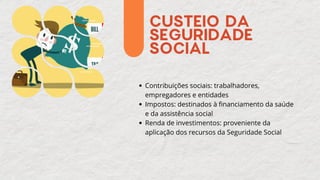 CUSTEIO DA
SEGURIDADE
SOCIAL
Contribuições sociais: trabalhadores,
empregadores e entidades
Impostos: destinados à financiamento da saúde
e da assistência social
Renda de investimentos: proveniente da
aplicação dos recursos da Seguridade Social
 
