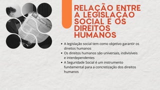 RELAÇÃO ENTRE
A LEGISLAÇÃO
SOCIAL E OS
DIREITOS
HUMANOS
A legislação social tem como objetivo garantir os
direitos humanos
Os direitos humanos são universais, indivisíveis
e interdependentes
A Seguridade Social é um instrumento
fundamental para a concretização dos direitos
humanos
 