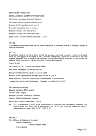 SSUUBBSSTTIITTUUTTOO TTRRIIBBUUTTÁÁRRIIOO
OOBBRRIIGGAAÇÇÕÕEESS DDOO SSUUBBSSTTIITTUUTTOO TTRRIIBBUUTTÁÁRRIIOO
Nota Fiscal emitida pelo Substituto Tributário
Será preenchida cfe previsto no Livro II, art 29
Emissão de NF específica –art 26 Livro III
Preencher obrigatoriamente os campos:
Base de Cálculo e valor icms –próprio
Base de Cálculo e valor icms substituição
Escrituração Fiscal do Substituto Tributário – Livro III
AARRTT.. 2299 --
OO ssuubbssttiittuuttoo ttrriibbuuttáárriioo eessccrriittuurraarráá,, nnoo lliivvrroo rreeggiissttrroo ddee ssaaííddaass,, aa nnoottaa ffiissccaall rreellaattiivvaa ààss ooppeerraaççõõeess ssuujjeeiittaass àà
rreetteennççããoo ddoo iimmppoossttoo
AARRTT.. 3311 --
OO ssuubbssttiittuuttoo ttrriibbuuttáárriioo,, nnoo úúllttiimmoo ddiiaa ddoo ppeerrííooddoo ddee aappuurraaççããoo,, eessccrriittuurraarráá ooss vvaalloorreess rreellaattiivvooss aaoo iimmppoossttoo
rreettiiddoo,, nnoo lliivvrroo rreeggiissttrroo ddee aappuurraaççããoo ddoo iiccmmss,, eemm ffoollhhaa ssuubbsseeqqüüeennttee àà ddeessttiinnaaddaa àà eessccrriittuurraaççããoo ddee ssuuaass
pprróópprriiaass ooppeerraaççõõeess,, ccoomm aa iinnddiiccaaççããoo ddaa eexxpprreessssããoo ""ssuubbssttiittuuiiççããoo ttrriibbuuttáárriiaa"",, uuttiilliizzaannddoo,, nnoo qquuee ccoouubbeerr,, ooss
qquuaaddrrooss ""ddéébbiittoo ddoo iimmppoossttoo"",, ""ccrrééddiittoo ddoo iimmppoossttoo"" ee ""aappuurraaççããoo ddooss ssaallddooss""
SUBSTITUÍDO
OBSERVAÇÕES AO SUBSTITUÍDO TRIBUTÁRIO
Nota Fiscal emitida pelo Substituído Tributário
SSeerráá pprreeeenncchhiiddaa ccoonnffoorrmmee pprreevviissttoo nnoo LLiivvrroo IIII,, aarrtt 2299
EEmmiissssããoo ddee NNFF eessppeeccííffiiccaa sseemm ddeessttaaqquuee ddee IICCMMSS––aarrtt 2266 LLiivvrroo IIIIII
FFaazzeerr ccoonnssttaarr nnoo ccaammppoo ddee ““IInnffoorrmmaaççõõeess ccoommpplleemmeennttaarreess”” –– aarrtt..2288 LLiivvrroo IIIIII
““IImmppoossttoo rreettiiddoo ppoorr ssuubbssttiittuuiiççããoo ttrriibbuuttáárriiaa -- PPrroottooccoollooss nnººss 3366//0044,, 8899//0077 ee 9999//0077””
NNããoo pprreeeenncchheerr ooss ccaammppooss::
BBaassee ddee CCáállccuulloo ddoo IICCMMSS ––pprróópprriioo
VVaalloorr ddoo IICCMMSS ––pprróópprriioo
BBaassee ddee CCáállccuulloo ddaa SSuubbssttiittuuiiççããoo TTrriibbuuttáárriiaa
VVaalloorr ddoo IICCMMSS ddee SSuubbssttiittuuiiççããoo TTrriibbuuttáárriiaa
EEssccrriittuurraaççããoo FFiissccaall ddoo SSuubbssttiittuuííddoo –– LLiivvrroo IIIIII
AARRTT.. 3322 -- oo ccoonnttrriibbuuiinnttee SSUUBBSSTTIITTUUÍÍDDOO,, rreellaattiivvaammeennttee ààss ooppeerraaççõõeess ccoomm mmeerrccaaddoorriiaass rreecceebbiiddaass ccuujjoo
iimmppoossttoo tteennhhaa ssiiddoo rreettiiddoo,, ffaarráá aa eessccrriittuurraaççããoo,, nnooss LLRREE ee LLRRSS,, ccoonnffoorrmmee pprreevviissttoo nnoo LLiivvrroo IIII,,
rreessppeeccttiivvaammeennttee,, nnooss aarrtt.. 115533,, VVIIII,, ""BB"",, EE 115555,, VV,, ""BB""..
RREESSUUMMOO::
NNoo LLRREE ((LLiivvrroo ddee RReeggiissttrroo ddee EEnnttrraaddaass))
CCoolluunnaa OObbsseerrvvaaççõõeess
–– vvaalloorr ddoo IImmppoossttoo rreettiiddoo
CCoolluunnaa OOuuttrraass
Página 102
 
