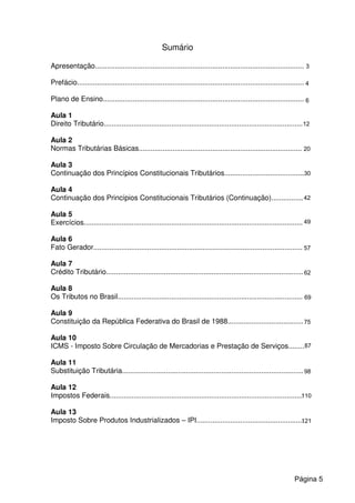 Sumário
Apresentação.........................................................................................................
Prefácio..................................................................................................................
Plano de Ensino.....................................................................................................
Aula 1
Direito Tributário....................................................................................................
Aula 2
Normas Tributárias Básicas..................................................................................
Aula 3
Continuação dos Princípios Constitucionais Tributários........................................
Aula 4
Continuação dos Princípios Constitucionais Tributários (Continuação)................
Aula 5
Exercícios..............................................................................................................
Aula 6
Fato Gerador.........................................................................................................
Aula 7
Crédito Tributário...................................................................................................
Aula 8
Os Tributos no Brasil.............................................................................................
Aula 9
Constituição da República Federativa do Brasil de 1988......................................
Aula 10
ICMS - Imposto Sobre Circulação de Mercadorias e Prestação de Serviços........
Aula 11
Substituição Tributária...........................................................................................
Aula 12
Impostos Federais.................................................................................................
Aula 13
Imposto Sobre Produtos Industrializados – IPI......................................................
Página 5
3
4
6
12
20
30
42
49
57
62
69
75
87
98
110
121
 