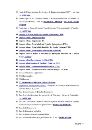 36. Fundo de Universalização dos Serviços de Telecomunicações (FUST) - art. 6 da
Lei 9.998/2000
37. Fundo Especial de Desenvolvimento e Aperfeiçoamento das Atividades de
Fiscalização (Fundaf) - art.6 do Decreto-Lei 1.437/1975 e art. 10 da IN SRF
180/2002
38. Fundo para o Desenvolvimento Tecnológico das Telecomunicações (Funttel) -
Lei 10.052/2000
39. Imposto s/Circulação de Mercadorias e Serviços (ICMS)
40. Imposto sobre a Exportação (IE)
41. Imposto sobre a Importação (II)
42. Imposto sobre a Propriedade de Veículos Automotores (IPVA)
43. Imposto sobre a Propriedade Predial e Territorial Urbana (IPTU)
44. Imposto sobre a Propriedade Territorial Rural (ITR)
45. Imposto sobre a Renda e Proventos de Qualquer Natureza (IR - pessoa
física e jurídica)
46. Imposto sobre Operações de Crédito (IOF)
47. Imposto sobre Serviços de Qualquer Natureza (ISS)
48. Imposto sobre Transmissão Bens Inter-Vivos (ITBI)
49. Imposto sobre Transmissão Causa Mortis e Doação (ITCMD)
50. INSS Autônomos e Empresários
51. INSS Empregados
52. INSS Patronal
53. IPI (Imposto sobre Produtos Industrializados)
54. Programa de Integração Social (PIS) e Programa de Formação do Patrimônio do
Servidor Público (PASEP)
55. Taxa de Autorização do Trabalho Estrangeiro
56. Taxa de Avaliação in loco das Instituições de Educação e Cursos de Graduação -
Lei 10.870/2004
57. Taxa de Classificação, Inspeção e Fiscalização de produtos animais e vegetais
ou de consumo nas atividades agropecuárias - Decreto-Lei 1.899/1981
58. Taxa de Coleta de Lixo
59. Taxa de Combate a Incêndios
60. Taxa de Conservação e Limpeza Pública
61. Taxa de Controle e Fiscalização Ambiental – TCFA - Lei 10.165/2000
Página 71
 