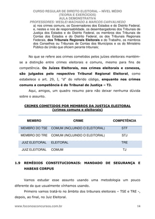 CURSO REGULAR DE DIREITO ELEITORAL – NÍVEL MÉDIO
(TEORIA E EXERCÍCIOS)
AULA DEMONSTRATIVA
PROFESSORES: WESLEI MACHADO & MARCOS CARVALHEDO
www.foconosconcursos.com.br 14
a) nos crimes comuns, os Governadores dos Estados e do Distrito Federal,
e, nestes e nos de responsabilidade, os desembargadores dos Tribunais de
Justiça dos Estados e do Distrito Federal, os membros dos Tribunais de
Contas dos Estados e do Distrito Federal, os dos Tribunais Regionais
Federais, dos Tribunais Regionais Eleitorais e do Trabalho, os membros
dos Conselhos ou Tribunais de Contas dos Municípios e os do Ministério
Público da União que oficiem perante tribunais;
No que se refere aos crimes cometidos pelos juízes eleitorais mantém-
se a distinção entre crimes eleitorais e comuns, mesmo para fins de
competência. Os Juízes Eleitorais, nos crimes eleitorais e conexos,
são julgados pelo respectivo Tribunal Regional Eleitoral, como
estabelece o art. 29, I, "d" do referido código, enquanto nos crimes
comuns a competência é do Tribunal de Justiça – TJ.
Aqui, amigos, um quadro resumo para não deixar nenhuma dúvida
sobre o assunto.
CRIMES COMETIDOS POR MEMBROS DA JUSTIÇA ELEITORAL
(crimes comuns e eleitorais)
MEMBRO CRIME COMPETÊNCIA
MEMBRO DO TSE COMUM (INCLUINDO O ELEITORAL) STF
MEMBRO DO TRE COMUM (INCLUINDO O ELEITORAL) STJ
JUIZ ELEITORAL ELEITORAL TRE
JUIZ ELEITORAL COMUM TJ
1.9 REMÉDIOS CONSTITUCIONAIS: MANDADO DE SEGURANÇA E
HABEAS CORPUS
Vamos estudar esse assunto usando uma metodologia um pouco
diferente da que usualmente vínhamos usando.
Primeiro vamos tratá-lo no âmbito dos tribunais eleitorais – TSE e TRE -,
depois, ao final, no Juiz Eleitoral.
 