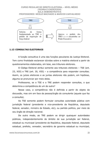 CURSO REGULAR DE DIREITO ELEITORAL – NÍVEL MÉDIO
(TEORIA E EXERCÍCIOS)
AULA DEMONSTRATIVA
PROFESSORES: WESLEI MACHADO & MARCOS CARVALHEDO
www.foconosconcursos.com.br 22
1.13 CONSULTAS ELEITORAIS
A função consultiva é uma das funções peculiares da Justiça Eleitoral.
Tem como finalidade esclarecer dúvidas sobre a matéria eleitoral a partir de
questionamentos elaborados, em tese, aos tribunais eleitorais.
O Código Eleitoral atribui somente aos tribunais eleitorais – TSE (art.
23, XIII) e TRE (art. 30, VIII) – a competência para responder consultas.
Assim, os juízes eleitorais e as juntas eleitorais não podem, em hipótese,
alguma se pronunciar por meio delas.
Professores, se o TSE e o TRE podem responder consultas, o que
determina a competência de um de outro?
Nesse caso, a competência não é definida a partir do objeto da
discussão, mas sim em face da pessoa/órgão do consulente (aquele que faz
a consulta).
Ao TSE somente podem formular consultas autoridade pública com
jurisdição federal (presidente e vice-presidente da República, deputado
federal, senador, ministro de Estado, etc), ou partido político, por meio de
seu órgão de direção nacional.
De outro modo, ao TRE podem se dirigir quaisquer autoridades
públicas, independentemente do âmbito de sua jurisdição ser federal,
estadual ou municipal (presidente da República, deputado federal, deputado
estadual, prefeito, vereador, secretário de governo estadual ou municipal,
TRE TSE
Solicita de forma
fundamentada ao TSE o
pedido de requisição de
força federal
Aprova o pedido dos
TRE’s e o encaminha ao
Poder Executivo
 
