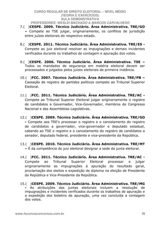 CURSO REGULAR DE DIREITO ELEITORAL – NÍVEL MÉDIO
(TEORIA E EXERCÍCIOS)
AULA DEMONSTRATIVA
PROFESSORES: WESLEI MACHADO & MARCOS CARVALHEDO
www.foconosconcursos.com.br 39
7.( )CESPE. 2009. Técnico Judiciário. Área Administrativa. TRE/GO
– Compete ao TSE julgar, originariamente, os conflitos de jurisdição
entre juízes eleitorais do respectivo estado.
8.( )CESPE. 2011. Técnico Judiciário. Área Administrativa. TRE/ES -
Compete ao juiz eleitoral resolver as impugnações e demais incidentes
verificados durante os trabalhos de contagem e apuração dos votos.
9.( )CESPE. 2006. Técnico Judiciário. Área Administrativa. TSE –
Todos os mandados de segurança em matéria eleitoral devem ser
processados e julgados pelos juízes eleitorais de primeira instância.
10.( )FCC. 2007. Técnico Judiciário. Área Administrativa. TRE/PB –
Cassação de registro de partidos políticos compete ao Tribunal Superior
Eleitoral.
11.( )FCC. 2011. Técnico Judiciário. Área Administrativa. TRE/AC -
Compete ao Tribunal Superior Eleitoral julgar originariamente o registro
de candidatos a Governador, Vice-Governador, membros do Congresso
Nacional e das Assembleias Legislativas.
12.( )CESPE. 2009. Técnico Judiciário. Área Administrativa. TRE/GO
- Compete aos TRE’s processar o registro e o cancelamento do registro
de candidatos a governador, vice-governador e deputado estadual,
cabendo ao TSE o registro e o cancelamento do registro de candidatos a
senador, deputado federal, presidente e vice-presidente da República.
13.( )CESPE. 2010. Técnico Judiciário. Área Administrativa. TRE/MT
– É da competência do juiz eleitoral designar a sede da junta eleitoral.
14.( )FCC. 2011. Técnico Judiciário. Área Administrativa. TRE/AC -
Compete ao Tribunal Superior Eleitoral processar e julgar
originariamente as impugnações à apuração do resultado geral,
proclamação dos eleitos e expedição de diploma na eleição de Presidente
da República e Vice-Presidente da República.
15.( )CESPE. 2009. Técnico Judiciário. Área Administrativa. TRE/MG
- As atribuições das juntas eleitorais incluem a resolução de
impugnações e incidentes verificados durante os trabalhos de apuração e
a expedição dos boletins de apuração, uma vez concluída a contagem
dos votos.
 