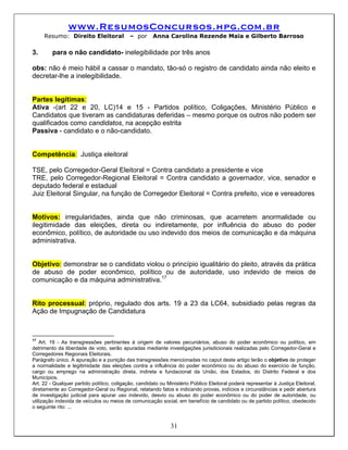 www.ResumosConcursos.hpg.com.br
     Resumo: Direito Eleitoral              – por     Anna Carolina Rezende Maia e Gilberto Barroso

3.       para o não candidato- inelegibilidade por três anos

obs: não é meio hábil a cassar o mandato, tão-só o registro de candidato ainda não eleito e
decretar-lhe a inelegibilidade.


Partes legítimas:
Ativa -(art 22 e 20, LC)14 e 15 - Partidos político, Coligações, Ministério Público e
Candidatos que tiveram as candidaturas deferidas – mesmo porque os outros não podem ser
qualificados como candidatos, na acepção estrita
Passiva - candidato e o não-candidato.


Competência: Justiça eleitoral

TSE, pelo Corregedor-Geral Eleitoral = Contra candidato a presidente e vice
TRE, pelo Corregedor-Regional Eleitoral = Contra candidato a governador, vice, senador e
deputado federal e estadual
Juiz Eleitoral Singular, na função de Corregedor Eleitoral = Contra prefeito, vice e vereadores


Motivos: irregularidades, ainda que não criminosas, que acarretem anormalidade ou
ilegitimidade das eleições, direta ou indiretamente, por influência do abuso do poder
econômico, político, de autoridade ou uso indevido dos meios de comunicação e da máquina
administrativa.


Objetivo: demonstrar se o candidato violou o princípio igualitário do pleito, através da prática
de abuso de poder econômico, político ou de autoridade, uso indevido de meios de
comunicação e da máquina administrativa.17


Rito processual: próprio, regulado dos arts. 19 a 23 da LC64, subsidiado pelas regras da
Ação de Impugnação de Candidatura



17
    Art. 19 - As transgressões pertinentes à origem de valores pecuniários, abuso do poder econômico ou político, em
detrimento da liberdade de voto, serão apuradas mediante investigações jurisdicionais realizadas pelo Corregedor-Geral e
Corregedores Regionais Eleitorais.
Parágrafo único. A apuração e a punição das transgressões mencionadas no caput deste artigo terão o objetivo de proteger
a normalidade e legitimidade das eleições contra a influência do poder econômico ou do abuso do exercício de função,
cargo ou emprego na administração direta, indireta e fundacional da União, dos Estados, do Distrito Federal e dos
Municípios.
Art. 22 - Qualquer partido político, coligação, candidato ou Ministério Público Eleitoral poderá representar à Justiça Eleitoral,
diretamente ao Corregedor-Geral ou Regional, relatando fatos e indicando provas, indícios e circunstâncias e pedir abertura
de investigação judicial para apurar uso indevido, desvio ou abuso do poder econômico ou do poder de autoridade, ou
utilização indevida de veículos ou meios de comunicação social, em benefício de candidato ou de partido político, obedecido
o seguinte rito: ...


                                                              31
 