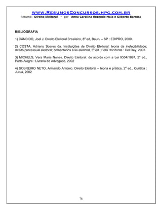 www.ResumosConcursos.hpg.com.br
    Resumo: Direito Eleitoral    – por   Anna Carolina Rezende Maia e Gilberto Barroso




BIBLIOGRAFIA

1) CÂNDIDO, Joel J. Direito Eleitoral Brasileiro, 8a ed, Bauru – SP : EDIPRO, 2000.

2) COSTA, Adriano Soares da. Instituições de Direito Eleitoral: teoria da inelegibilidade;
direito processual eleitoral; comentários à lei eleitoral, 5a ed., Belo Horizonte : Del Rey, 2002.

3) MICHELS, Vera Maria Nunes. Direito Eleitoral: de acordo com a Lei 9504/1997, 2a ed.,
Porto Alegre : Livraria do Advogado, 2002

4) SOBREIRO NETO, Armando Antonio. Direito Eleitoral – teoria e prática, 2a ed., Curitiba :
Juruá, 2002




                                               78
 