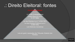 .: Direito Eleitoral: fontes
Constituição Federal
LC 64/90 (Inelegibilidade)
Código Eleitoral (Lei nº
4.737/1965)
Lei das Eleições (Lei nº 9.504/1997)
Lei dos Partidos Políticos (Lei nº
9.096/1995)
Leis Eleitorais transitórias

Leis em geral, resoluções dos Tribunais, Estatuto dos
Partidos

 