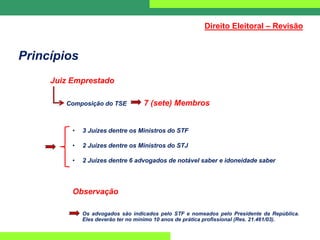 Princípios
Juiz Emprestado
Composição do TSE 7 (sete) Membros
• 3 Juízes dentre os Ministros do STF
• 2 Juízes dentre os Ministros do STJ
• 2 Juízes dentre 6 advogados de notável saber e idoneidade saber
Observação
Os advogados são indicados pelo STF e nomeados pelo Presidente da República.
Eles deverão ter no mínimo 10 anos de prática profissional (Res. 21.461/03).
Direito Eleitoral – Revisão
 