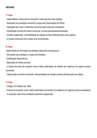 RESUMO
1ª Fase
- Idade Média: renascimento mercantil e ressurgimento das cidades;
- Monopólio da jurisdição mercantil a cargo das Corporações de Ofício;
- Aplicação dos usos e costumes mercantis pelos tribunais consulares;
- Codificação privada do direito comercial; normas pseudossistematizadas;
- Caráter subjetivista: mercantilidade da relação jurídica definida pelos seus sujeitos;
- O direito comercial como direito dos comerciantes.
2ª Fase
-Idade Moderna: formação dos Estados Nacionais monárquicos;
- Monopólio da jurisdição a cargos dos Estados;
-Codificação Napoleônica;
- Bipartição do direito privado;
- A teoria dos atos de comércio como critério delimitador do âmbito de incidência do regime jurídico-
comercial;
- Objetivação do direito comercial: mercantilidade da relação jurídica definida pelo seu objeto;
3ª Fase
- Código Civil Italiano de 1942;
-A teoria da empresa como critério delimitador do âmbito de incidência do regime jurídico-empresarial;
- A empresa vista como atividade econômica organizada.
 