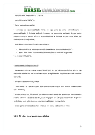 15
* regulada pelos artigos 1.090 a 1.092 C.C.;
* instituída pela Lei 6.404/76;
* é uma sociedade de capital;
* sociedade de responsabilidade mista, ou seja, para os sócios administradores a
responsabilidade é ilimitada podendo ingressar no patrimônio particular desses sócios,
enquanto para os demais sócios a responsabilidade é limitada ao preço das ações que
subscreveram ou adquiriram;
* pode adotar como nome firma ou denominação.
• Denominação de ser sempre seguida da expressão “comandita por ações”;
• Firma deve conter tão somente os nomes dos sócios diretores ou gerentes.
* sociedade institucional.
- Sociedade em conta participação:
* efetivamente, não se trata de uma sociedade, uma vez que não tem patrimônio próprio, não
precisa ser constituída em documento escrito e registrada no Registro Público de Empresas
Mercantis;
* não possui personalidade jurídica;
* “a sociedade” se caracteriza pelo objetivo comum de duas ou mais pessoas de explorarem
certa atividade;
* existem dois sócios: o ostensivo, que administra a sociedade e é responsável ilimitadamente
perante terceiros e os sócios ocultos, cujas obrigações não ultrapassam os limites do próprio
contrato e o sócio ostensivo, que assume os negócios em nome próprio;
* existe apenas entre os sócios, fato pelo qual não possui razão social ou firma.
11.5. Direitos e obrigações dos sócios
 