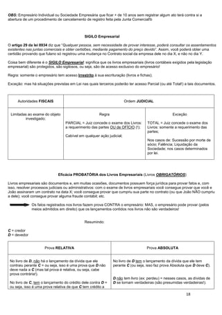 18
OBS: Empresário Individual ou Sociedade Empresária que ficar + de 10 anos sem registrar algum ato terá contra si a
abertura de um procedimento de cancelamento de registro feita pela Junta Comercial!b
SIGILO Empresarial
O artigo 29 da lei 8934 diz que “Qualquer pessoa, sem necessidade de provar interesse, poderá consultar os assentamentos
existentes nas juntas comerciais e obter certidões, mediante pagamento do preço devido”. Assim, você poderá obter uma
certidão provando que fulano só registrou uma mudança no Contrato social da empresa dele no dia X, e não no dia Y.
Coisa bem diferente é o SIGILO Empresarial: significa que os livros empresariais (livros contábeis exigidos pela legislação
empresarial) são protegidos, são sigilosos, ou seja, são de acesso exclusivo do empresário!
Regra: somente o empresário tem acesso Irrestrito à sua escrituração (livros e fichas);
Exceção: mas há situações previstas em Lei nas quais terceiros poderão ter acesso Parcial (ou até Total!) a tais documentos.
Autoridades FISCAIS Ordem JUDICIAL
Limitadas ao exame do objeto
investigado;
Regra
PARCIAL = Juiz concede o exame dos Livros:
a requerimento das partes OU de OFÍCIO (!);
Cabível em qualquer ação judicial;
Exceção
TOTAL = Juiz concede o exame dos
Livros: somente a requerimento das
partes;
Nos casos de: Sucessão por morte de
sócio; Falência; Liquidação da
Sociedade; nos casos determinados
por lei.
Eficácia PROBATÓRIA dos Livros Empresariais (Livros OBRIGATÓRIOS)
Livros empresariais são documentos e, em muitas ocasiões, documentos possuem força jurídica para provar fatos e, com
isso, resolver processos judiciais ou administrativos: com o exame de livros empresariais você consegue provar que você e
João assinaram um contrato na data X; você consegue provar que cumpriu sua parte no contrato (ou que João NÃO cumpriu
a dele); você consegue provar alguma fraude contábil; etc.
Os fatos registrados nos livros fazem prova CONTRA o empresário: MAS, o empresário pode provar (pelos
meios admitidos em direito) que os lançamentos contidos nos livros não são verdadeiros!
Resumindo:
C = credor
D = devedor
Prova RELATIVA Prova ABSOLUTA
No livro de D, não há o lançamento da dívida que ele
contraiu perante C = ou seja, isso é uma prova que D não
deve nada a C (mas tal prova é relativa, ou seja, cabe
prova contrária!).
No livro de C, tem o lançamento do crédito dele contra D =
ou seja, isso é uma prova relativa de que C tem crédito a
No livro de D tem o lançamento da dívida que ele tem
perante C (ou seja, isso faz prova Absoluta que D deve C).
D não tem livro (ex: perdeu) = nesses casos, as dívidas de
D se tornam verdadeiras (são presumidas verdadeiras!).
 