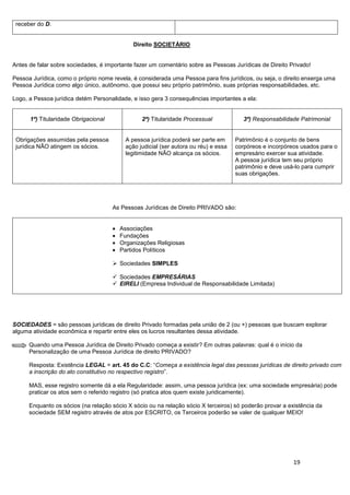 19
receber do D.
Direito SOCIETÁRIO
Antes de falar sobre sociedades, é importante fazer um comentário sobre as Pessoas Jurídicas de Direito Privado!
Pessoa Jurídica, como o próprio nome revela, é considerada uma Pessoa para fins jurídicos, ou seja, o direito enxerga uma
Pessoa Jurídica como algo único, autônomo, que possui seu próprio patrimônio, suas próprias responsabilidades, etc.
Logo, a Pessoa jurídica detém Personalidade, e isso gera 3 consequências importantes a ela:
1ª) Titularidade Obrigacional 2ª) Titularidade Processual 3ª) Responsabilidade Patrimonial
Obrigações assumidas pela pessoa
jurídica NÃO atingem os sócios.
A pessoa jurídica poderá ser parte em
ação judicial (ser autora ou réu) e essa
legitimidade NÃO alcança os sócios.
Patrimônio é o conjunto de bens
corpóreos e incorpóreos usados para o
empresário exercer sua atividade.
A pessoa jurídica tem seu próprio
patrimônio e deve usá-lo para cumprir
suas obrigações.
As Pessoas Jurídicas de Direito PRIVADO são:
Associações
Fundações
Organizações Religiosas
Partidos Políticos
 Sociedades SIMPLES
 Sociedades EMPRESÁRIAS
 EIRELI (Empresa Individual de Responsabilidade Limitada)
SOCIEDADES = são pessoas jurídicas de direito Privado formadas pela união de 2 (ou +) pessoas que buscam explorar
alguma atividade econômica e repartir entre eles os lucros resultantes dessa atividade.
Quando uma Pessoa Jurídica de Direito Privado começa a existir? Em outras palavras: qual é o início da
Personalização de uma Pessoa Jurídica de direito PRIVADO?
Resposta: Existência LEGAL = art. 45 do C.C: “Começa a existência legal das pessoas jurídicas de direito privado com
a inscrição do ato constitutivo no respectivo registro”.
MAS, esse registro somente dá a ela Regularidade: assim, uma pessoa jurídica (ex: uma sociedade empresária) pode
praticar os atos sem o referido registro (só pratica atos quem existe juridicamente).
Enquanto os sócios (na relação sócio X sócio ou na relação sócio X terceiros) só poderão provar a existência da
sociedade SEM registro através de atos por ESCRITO, os Terceiros poderão se valer de qualquer MEIO!
 