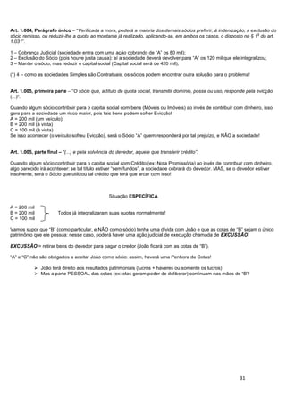31
Art. 1.004, Parágrafo único – “Verificada a mora, poderá a maioria dos demais sócios preferir, à indenização, a exclusão do
sócio remisso, ou reduzir-lhe a quota ao montante já realizado, aplicando-se, em ambos os casos, o disposto no § 1
o
do art.
1.031”.
1 – Cobrança Judicial (sociedade entra com uma ação cobrando de “A” os 80 mil);
2 – Exclusão do Sócio (pois houve justa causa): aí a sociedade deverá devolver para “A” os 120 mil que ele integralizou;
3 – Manter o sócio, mas reduzir o capital social (Capital social será de 420 mil);
(*) 4 – como as sociedades Simples são Contratuais, os sócios podem encontrar outra solução para o problema!
Art. 1.005, primeira parte – “O sócio que, a título de quota social, transmitir domínio, posse ou uso, responde pela evicção
(...)”.
Quando algum sócio contribuir para o capital social com bens (Móveis ou Imóveis) ao invés de contribuir com dinheiro, isso
gera para a sociedade um risco maior, pois tais bens podem sofrer Evicção!
A = 200 mil (um veículo);
B = 200 mil (à vista)
C = 100 mil (à vista)
Se isso acontecer (o veículo sofreu Evicção), será o Sócio “A” quem responderá por tal prejuízo, e NÃO a sociedade!
Art. 1.005, parte final – “(...) e pela solvência do devedor, aquele que transferir crédito”.
Quando algum sócio contribuir para o capital social com Crédito (ex: Nota Promissória) ao invés de contribuir com dinheiro,
algo parecido irá acontecer: se tal título estiver “sem fundos”, a sociedade cobrará do devedor. MAS, se o devedor estiver
insolvente, será o Sócio que utilizou tal crédito que terá que arcar com isso!
Situação ESPECÍFICA
A = 200 mil
B = 200 mil Todos já integralizaram suas quotas normalmente!
C = 100 mil
Vamos supor que “B” (como particular, e NÃO como sócio) tenha uma dívida com João e que as cotas de “B” sejam o único
patrimônio que ele possua: nesse caso, poderá haver uma ação judicial de execução chamada de EXCUSSÃO!
EXCUSSÃO = retirar bens do devedor para pagar o credor (João ficará com as cotas de “B”).
“A” e “C” não são obrigados a aceitar João como sócio: assim, haverá uma Penhora de Cotas!
 João terá direito aos resultados patrimoniais (lucros + haveres ou somente os lucros)
 Mas a parte PESSOAL das cotas (ex: elas geram poder de deliberar) continuam nas mãos de “B”!
 