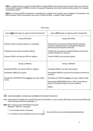 5
OBS1: o registro (feita em Junta Comercial) NÃO é condição (NÃO é pré-requisito) para a pessoa Física ou Jurídica ser
considerada Empresário! PORÉM, somente o Empresário Registrado terá certos benefícios dados pela lei! Ex: requerer
recuperação judicial!
OBS2: já o Produtor RURAL (individual ou sociedade) tem a Opção (livre escolha): caso se Registre, É empresário; caso
NÃO se registre, NÃO é empresário! Logo, para o Produtor RURAL, o registro é SIM condição!!!
Resumindo:
Quem NÃO está sujeito ao regime jurídico Empresarial? Quem ESTÁ sujeito ao regime jurídico Empresarial?
Pessoa NATURAL:
Pessoas Físicas em geral (capazes ou incapazes);
Profissionais que exercem atividade I.C.L.A;
Produtor RURAL que opta por NÃO se registrar.
Pessoa NATURAL:
Pessoa Física que exerce profissionalmente atividade
econômica organizada para a produção/circulação de
bens/serviços (Empresário Individual);
Profissionais que exercem atividade I.C.L.A cujo exercício
constitua elemento de empresa;
Produtor RURAL que opta pelo registro.
Pessoa JURÍDICA:
Sociedade RURAL que opta por NÃO se registrar;
Sociedades SIMPLES em geral;
Sociedades COOPERATIVAS (qualquer que seja o objeto
social);
Pessoa JURÍDICA:
Sociedade RURAL que optou pelo registro;
Sociedades SIMPLES cujo exercício constitua elemento de
empresa;
Sociedade por AÇÕES (qualquer que seja o objeto social);
Sociedades EMPRESÁRIAS (S/A; LTDA; Comandita por
Ações; Comandita Simples; Em nome Coletivo);
EIRELI
Capacidade NÃO é condição para ser Sócio de Sociedade Empresária!
Capacidade É condição para a pessoa Natural ser Empresário; ou seja, Incapaz NÃO pode iniciar Empresa (NÃO pode
iniciar atividade econômica organizada...).
OBS: Mas o Incapaz pode CONTINUAR empresa?
Resposta = SIM, em 2 situações:
1 – Se o Incapaz herdou a Empresa
O juiz decidirá e eles serão Representados/Assistidos
2 – Era Capaz mas foi interditado (se tornou Incapaz)
 