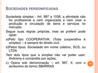 SOCIEDADES PERSONIFICADAS
14
Sociedade simples - Art. 997 a 1038, a atividade não
for profissional e nem organizada e nem visar a
produção e circulação de bens e serviços no
mercado.
Segue suas regras próprias, mas se preferir pode
optar:
a)Pelo tipo COOPERATIVA; (Toda cooperativa é
simples) – é sempre do direito civil.
b)Pelos tipos: Sociedade em nome coletivo, SCS, ou
LTDA
Tem dois tipos que a simples não vai poder usar:
Anônima e comandita por ações;
c) Opera sob denominação – art. 997, II, com o
acréscimo do termo SBARRAS
 