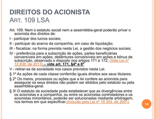 DIREITOS DO ACIONISTA
ART. 109 LSA
Art. 109. Nem o estatuto social nem a assembléia-geral poderão privar o
acionista dos direitos de:
I - participar dos lucros sociais;
II - participar do acervo da companhia, em caso de liquidação;
III - fiscalizar, na forma prevista nesta Lei, a gestão dos negócios sociais;
IV - preferência para a subscrição de ações, partes beneficiárias
conversíveis em ações, debêntures conversíveis em ações e bônus de
subscrição, observado o disposto nos artigos 171 e 172; (Vide Lei nº
12.838, de 2013) – vide art. 171, §4º e 6º
V - retirar-se da sociedade nos casos previstos nesta Lei.
§ 1º As ações de cada classe conferirão iguais direitos aos seus titulares.
§ 2º Os meios, processos ou ações que a lei confere ao acionista para
assegurar os seus direitos não podem ser elididos pelo estatuto ou pela
assembléia-geral.
§ 3o O estatuto da sociedade pode estabelecer que as divergências entre
os acionistas e a companhia, ou entre os acionistas controladores e os
acionistas minoritários, poderão ser solucionadas mediante arbitragem,
nos termos em que especificar.(Incluído pela Lei nº 10.303, de 2001)

14

 