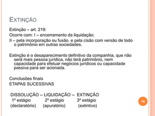 EXTINÇÃO
Extinção – art. 219:
Ocorre com: I – encerramento da liquidação;
II – pela incorporação ou fusão, e pela cisão com versão de todo
o patrimônio em outras sociedades.
Extinção é o desaparecimento definitivo da companhia, que não
será mais pessoa jurídica, não terá patrimônio, nem
capacidade para efetuar negócios jurídicos ou capacidade
passiva para ser acionada.
Conclusões finais
ETAPAS SUCESSIVAS
DISSOLUÇÃO -- LIQUIDAÇÃO -- EXTINÇÃO
1º estágio
2º estágio
3º estágio
(declaratório)
(apuratório)
(extintivo)

10

 