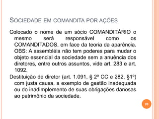 SOCIEDADE EM COMANDITA POR AÇÕES
Colocado o nome de um sócio COMANDITÁRIO o
mesmo
será
responsável
como
os
COMANDITADOS, em face da teoria da aparência.
OBS: A assembléia não tem poderes para mudar o
objeto essencial da sociedade sem a anuência dos
diretores, entre outros assuntos, vide art. 283 e art.
1092.
Destituição de diretor (art. 1.091, § 2º CC e 282, §1º)
com justa causa, a exemplo de gestão inadequada
ou do inadimplemento de suas obrigações danosas
ao patrimônio da sociedade.
20

 